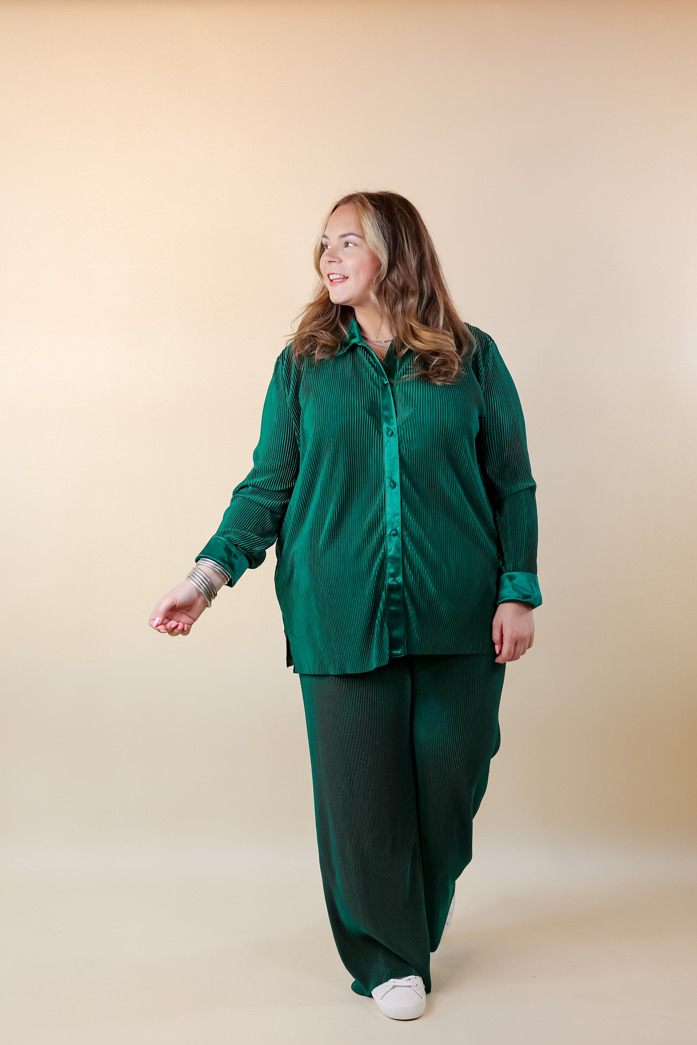 Dazzling Satin Plissé Ribbed Button Up Top in Green - Giddy Up Glamour Boutique