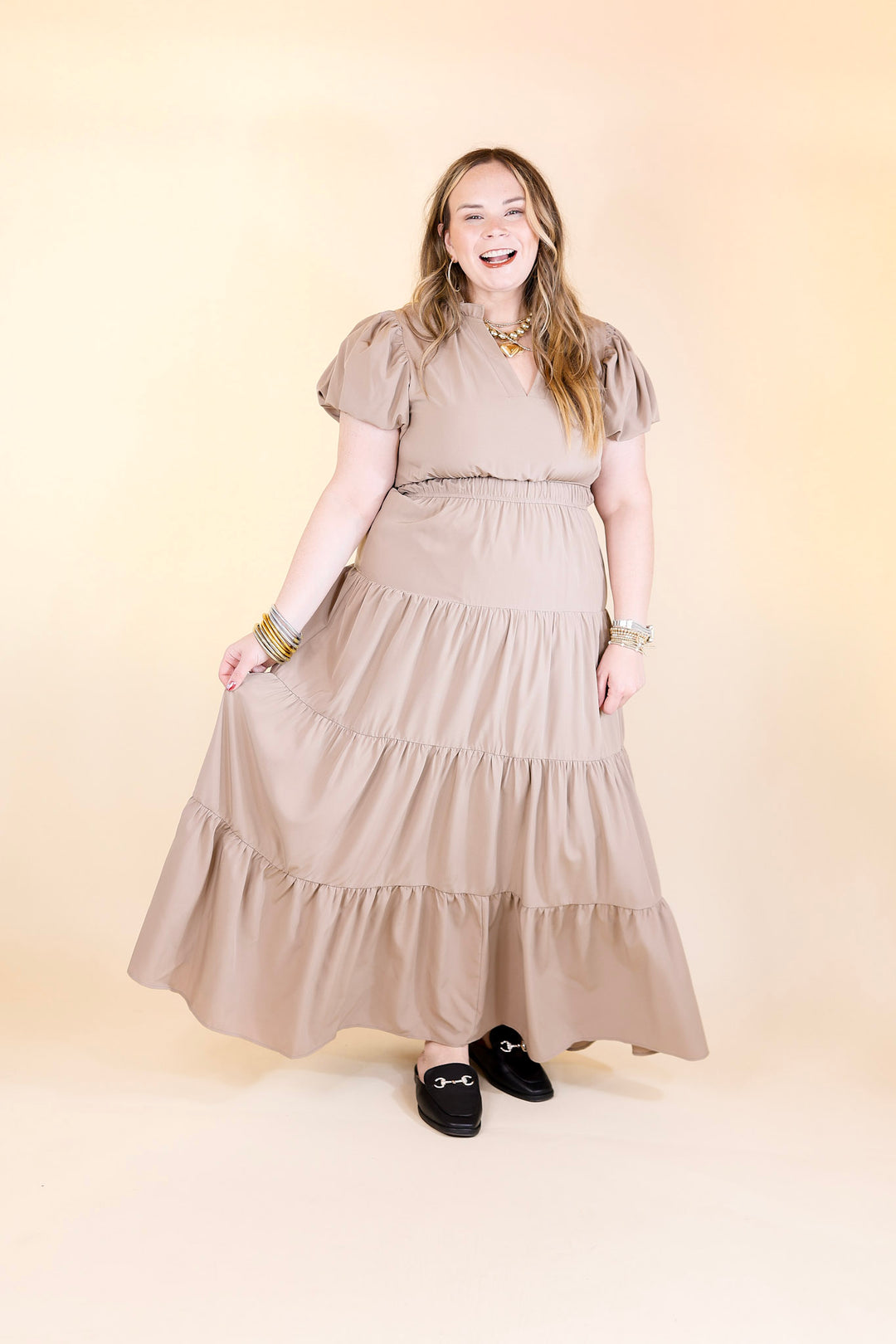 Table for Two Tiered Maxi Dress with Puff Sleeves in Light Mocha Brown