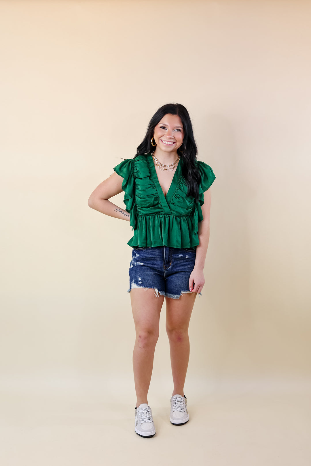 Fresh Take Ruched V Neck Crop Top in Green - Giddy Up Glamour Boutique