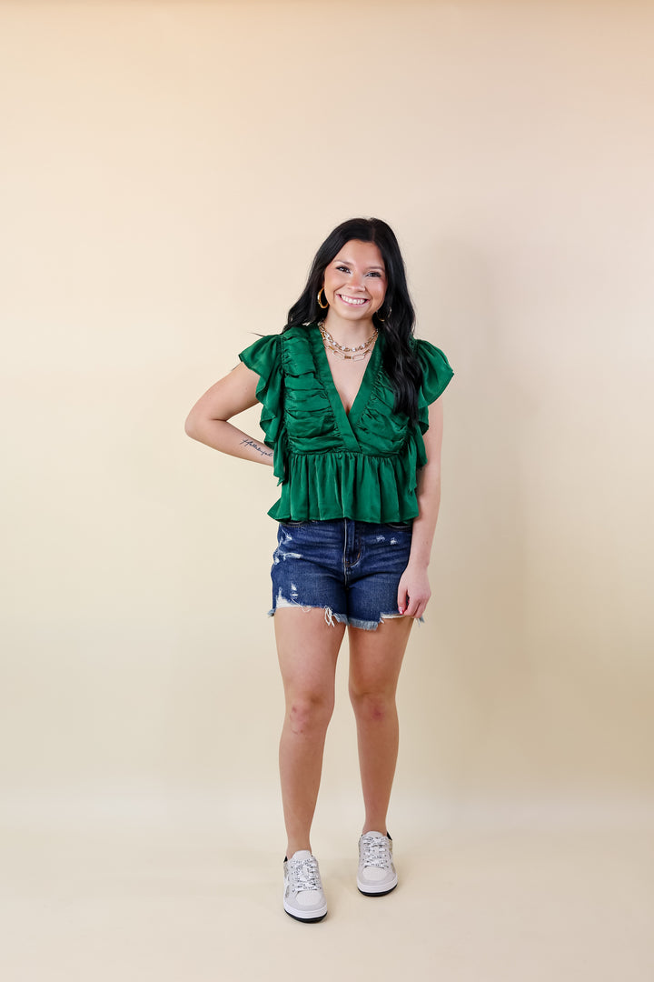 Fresh Take Ruched V Neck Crop Top in Green - Giddy Up Glamour Boutique