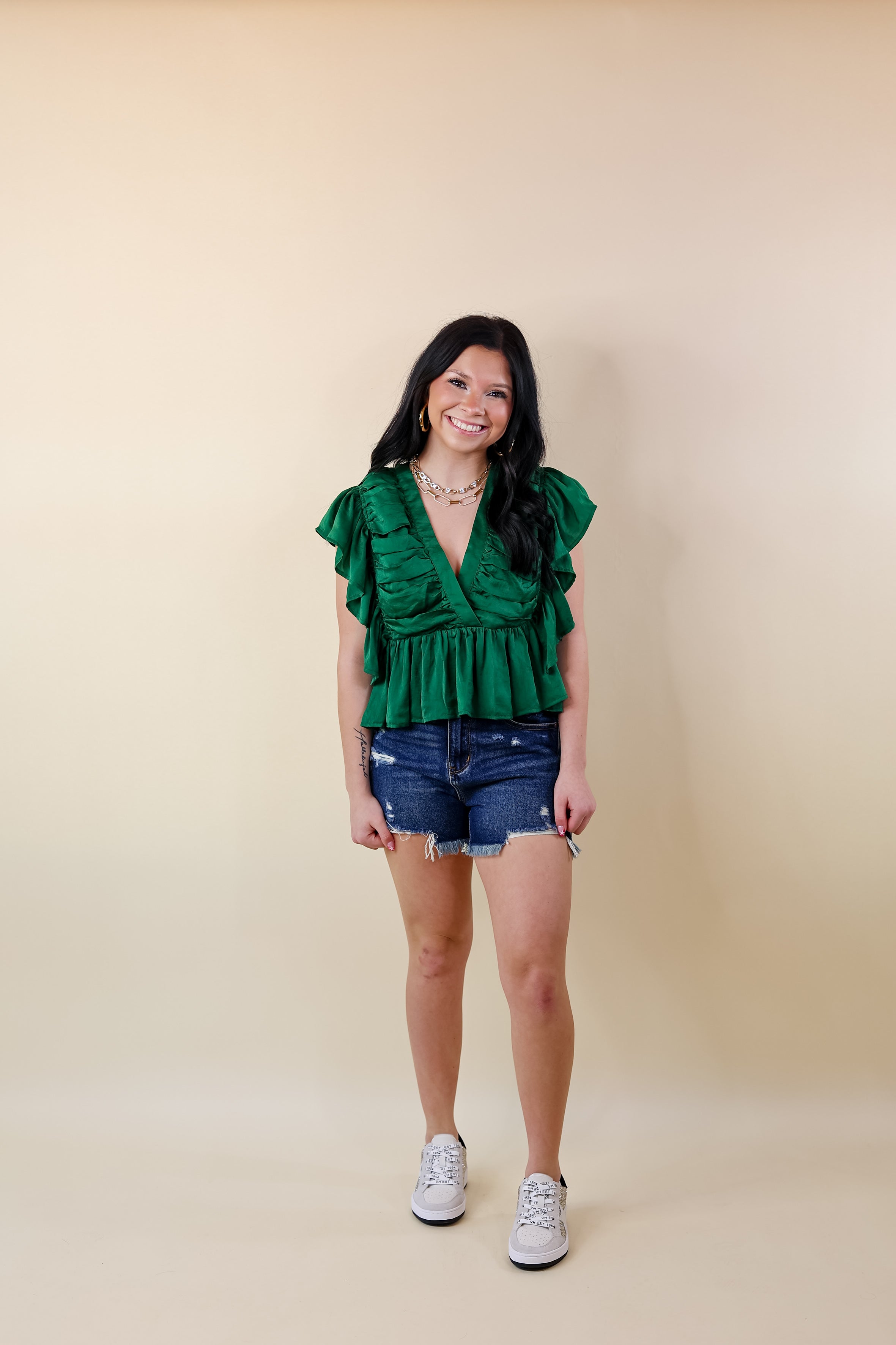 Fresh Take Ruched V Neck Crop Top in Green - Giddy Up Glamour Boutique