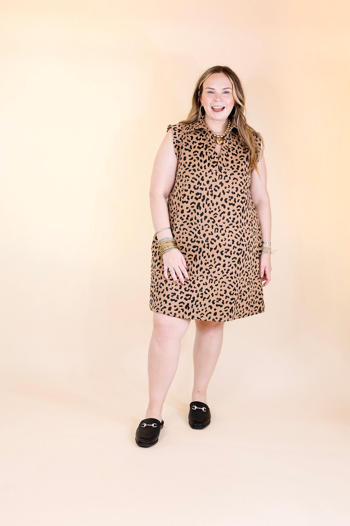 Polished Perfection Cheetah Print Cap Sleeve Dress with Collar in Tan