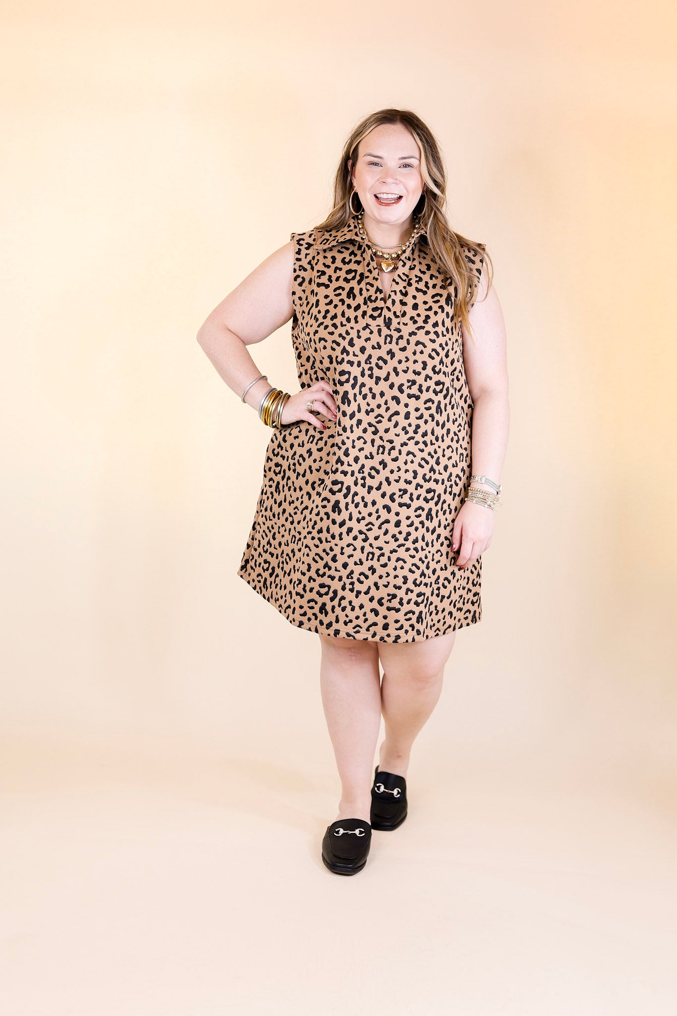 Polished Perfection Cheetah Print Cap Sleeve Dress with Collar in Tan