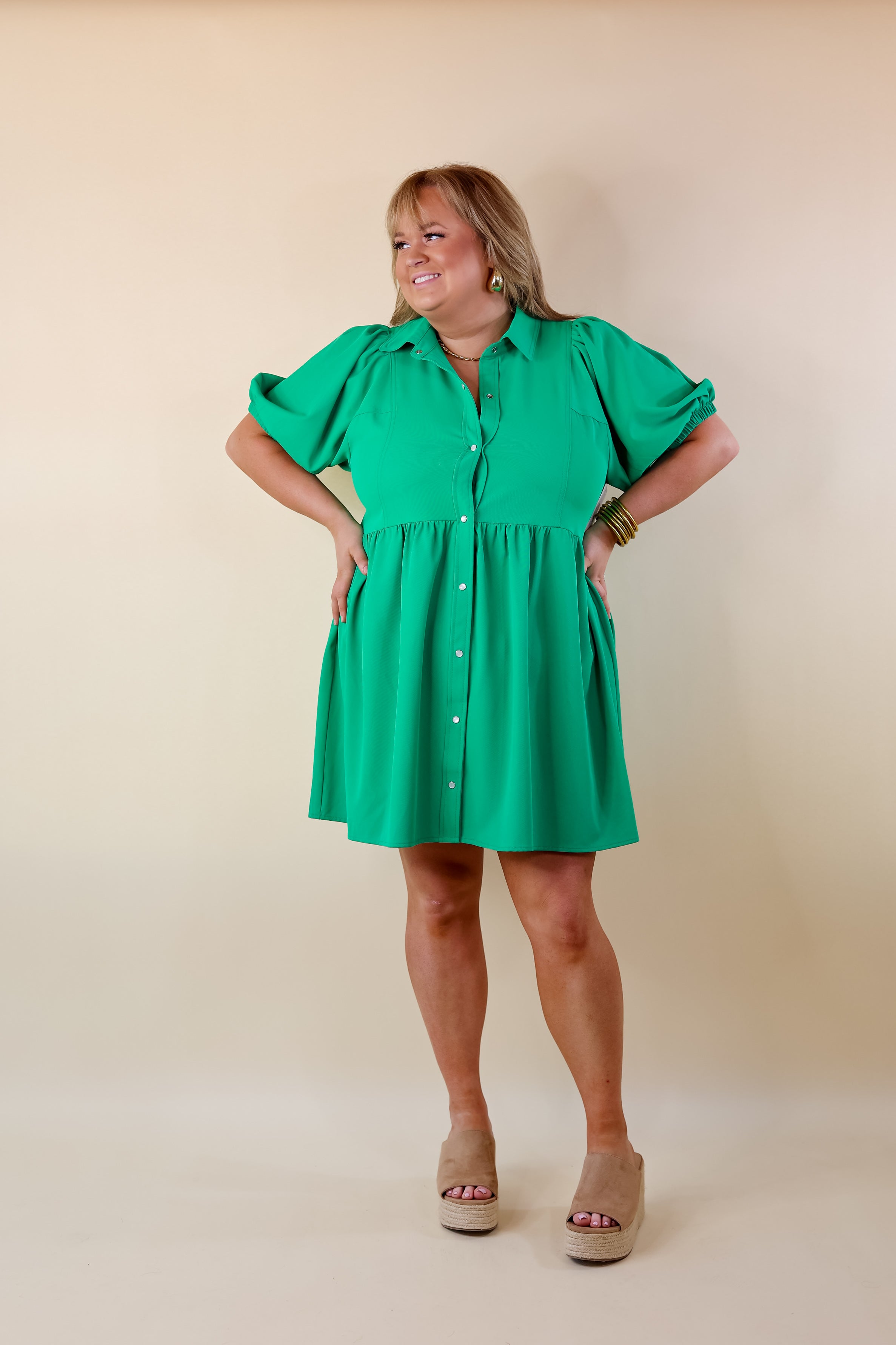 Adventures Ahead Button Up Babydoll Dress in Green - Giddy Up Glamour Boutique