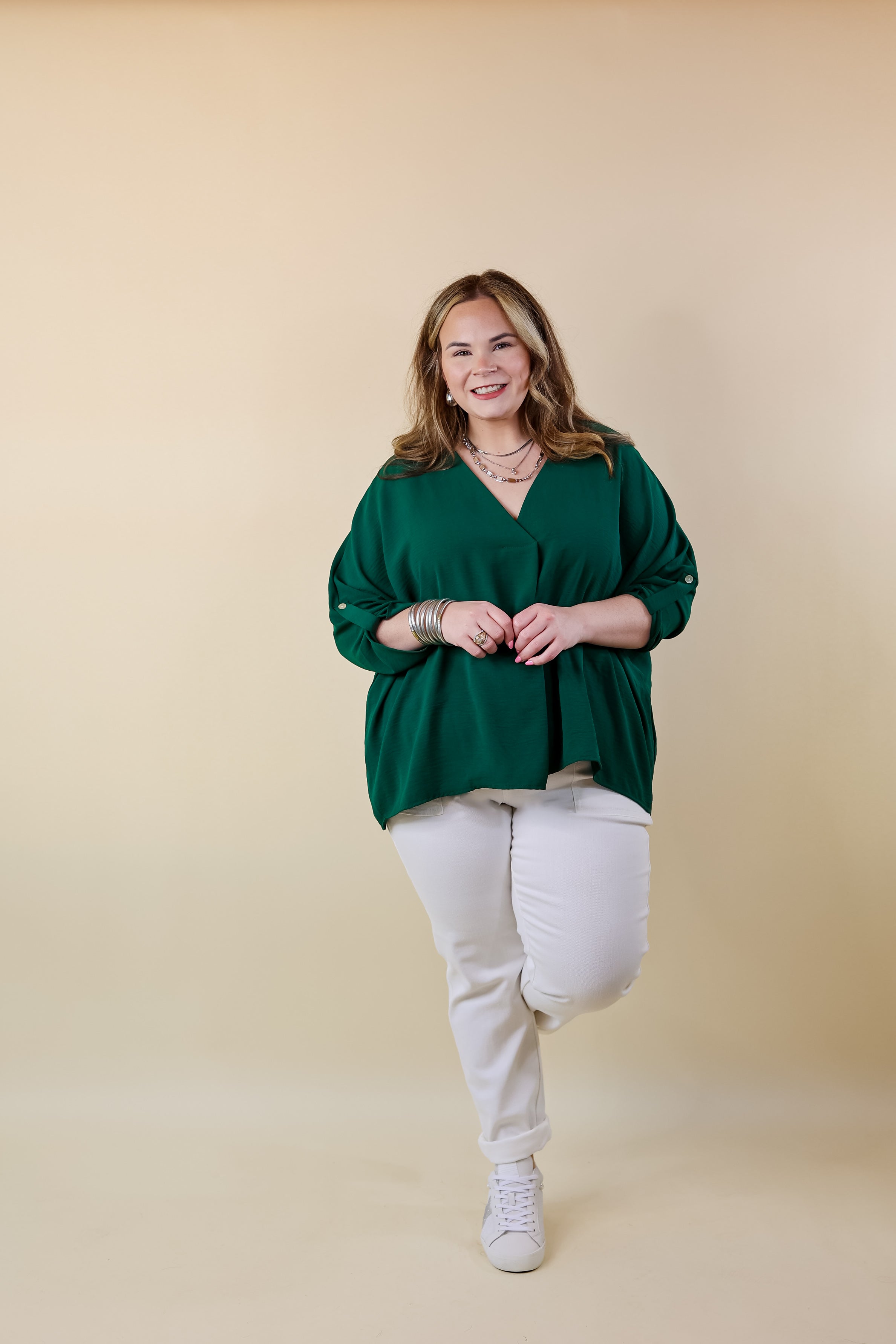 Weekend Out V Neck Placket 3/4 Sleeve Top in Emerald Green - Giddy Up Glamour Boutique