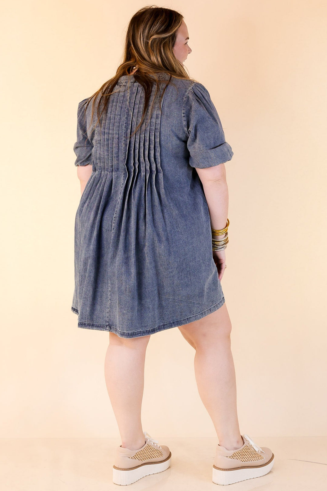 Breezy Beauty Denim Dress with Bow Keyhole and Front Pleating in Medium Wash