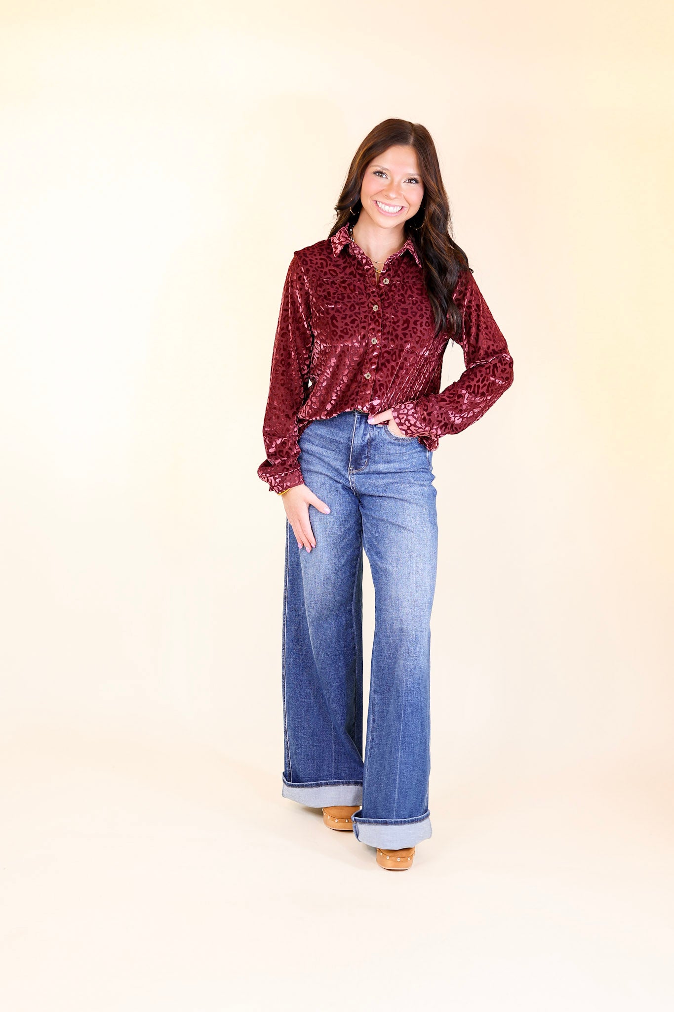 Candy Apple Evening Button Up Animal Print Velvet Long Sleeve Blouse in Wine Red