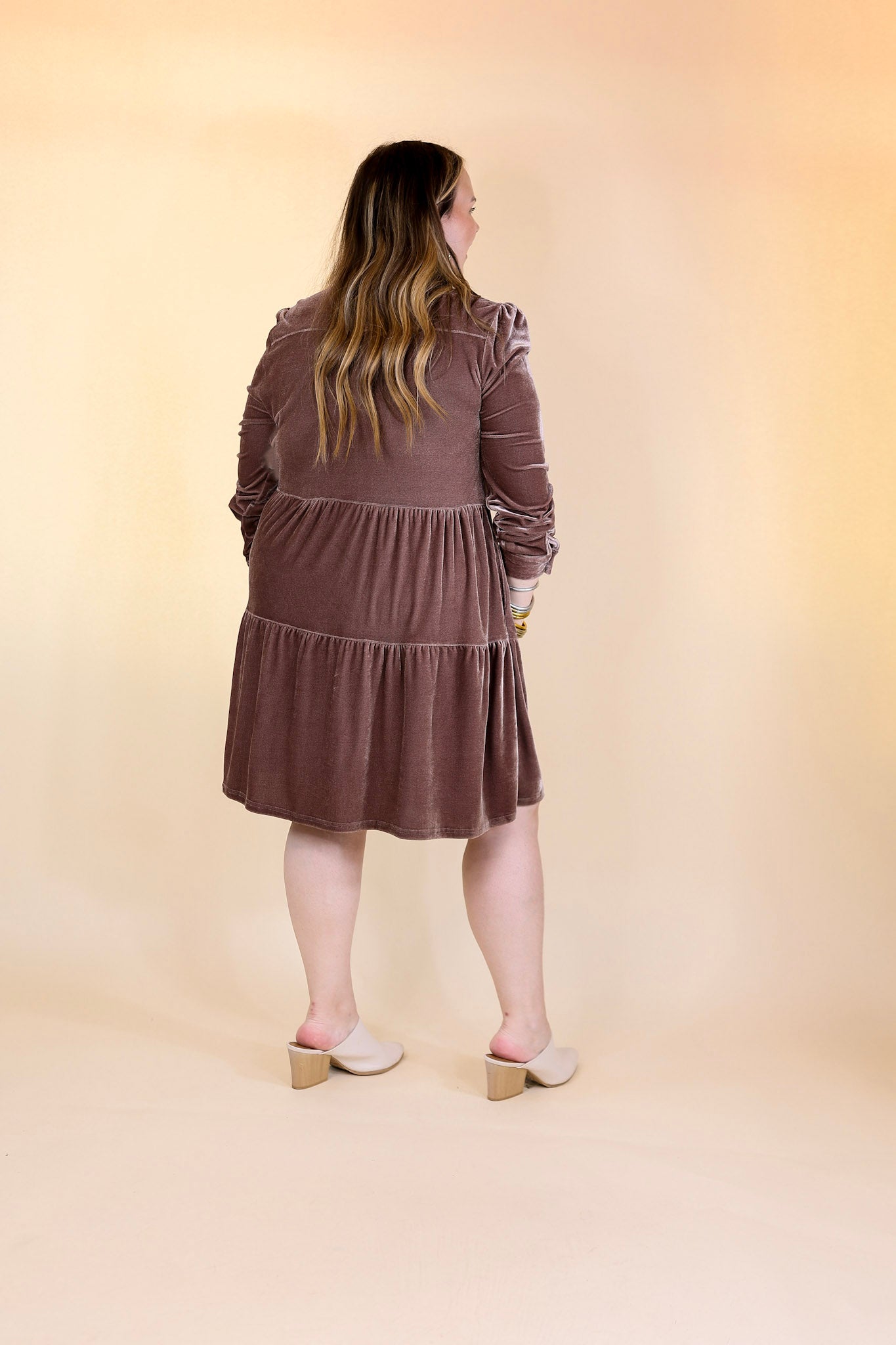 Grateful Gathering Velvet Button Up Dress with Long Sleeves in Almond Brown