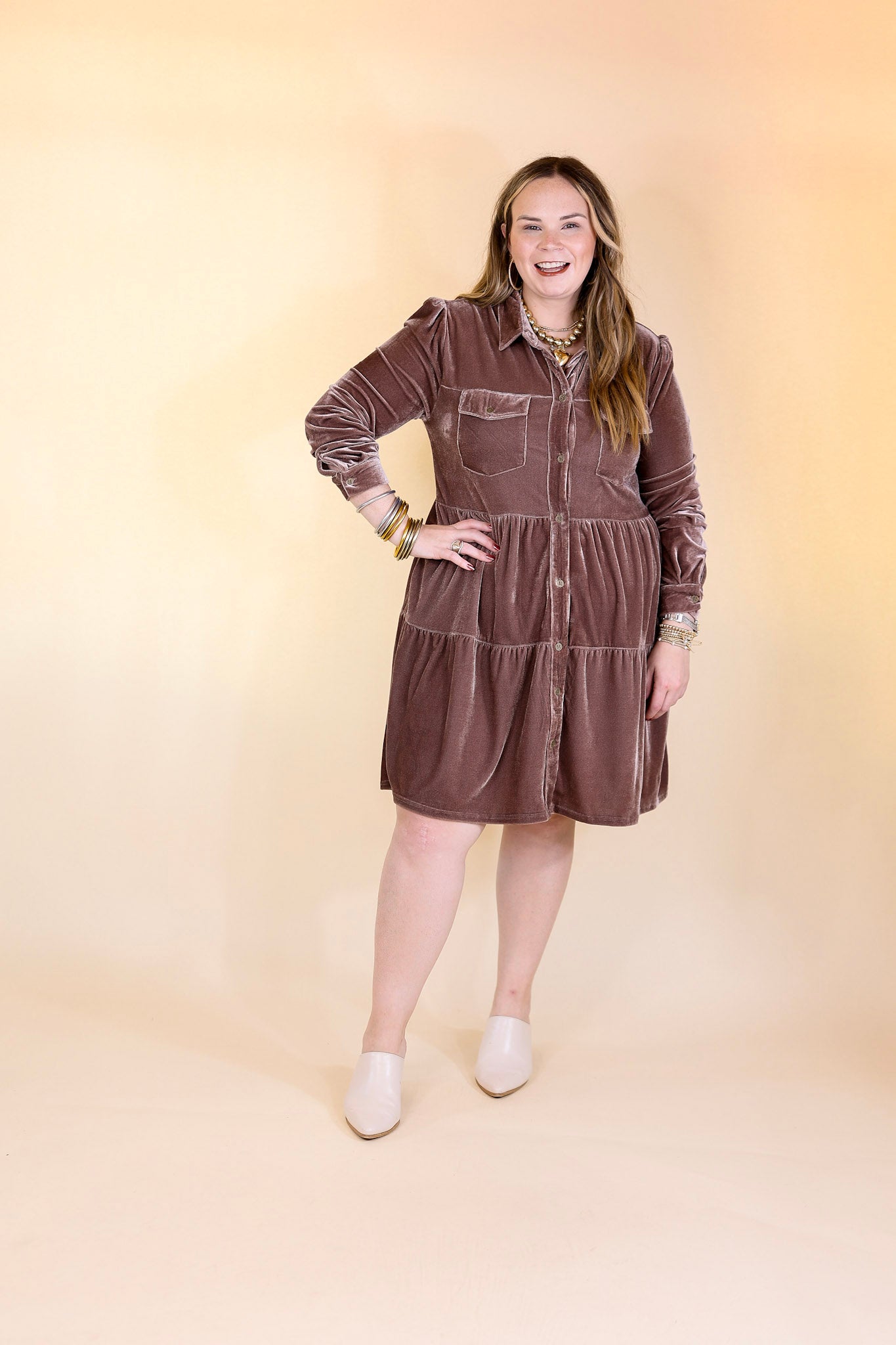 Grateful Gathering Velvet Button Up Dress with Long Sleeves in Almond Brown