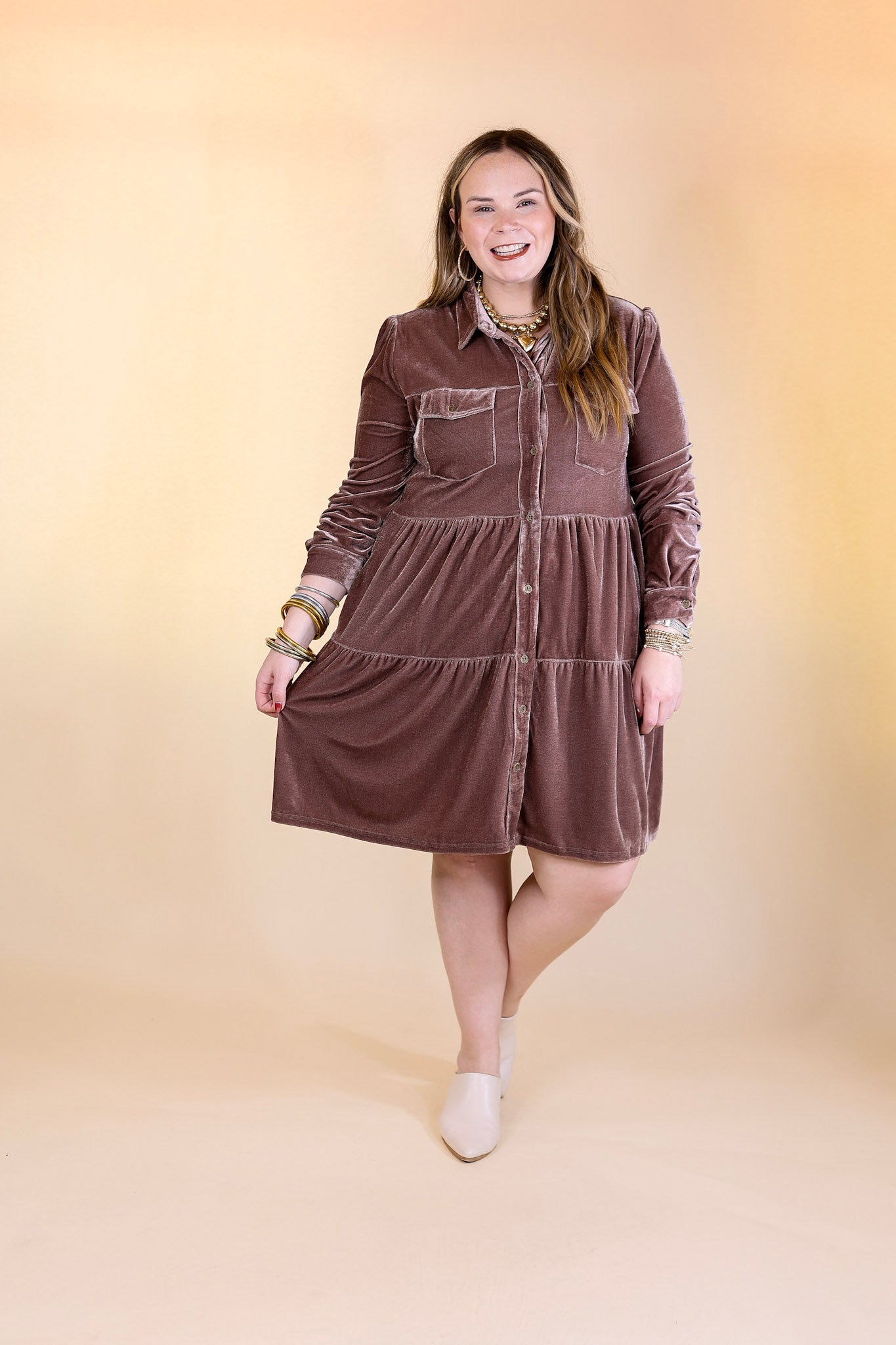 Grateful Gathering Velvet Button Up Dress with Long Sleeves in Almond Brown