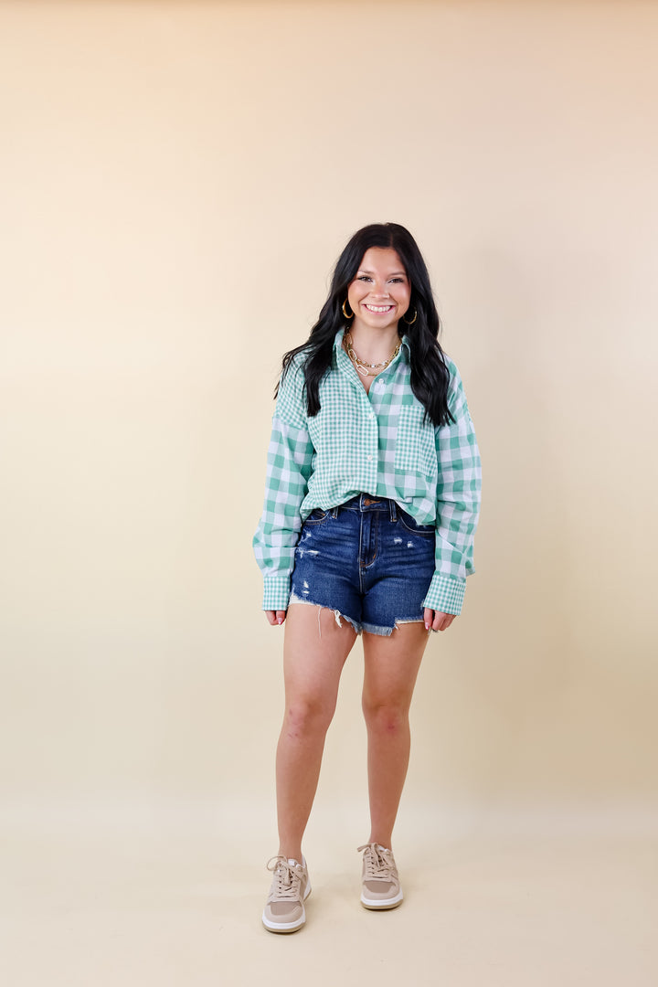 Waiting For You Mix Plaid Button Up Top in Green - Giddy Up Glamour Boutique