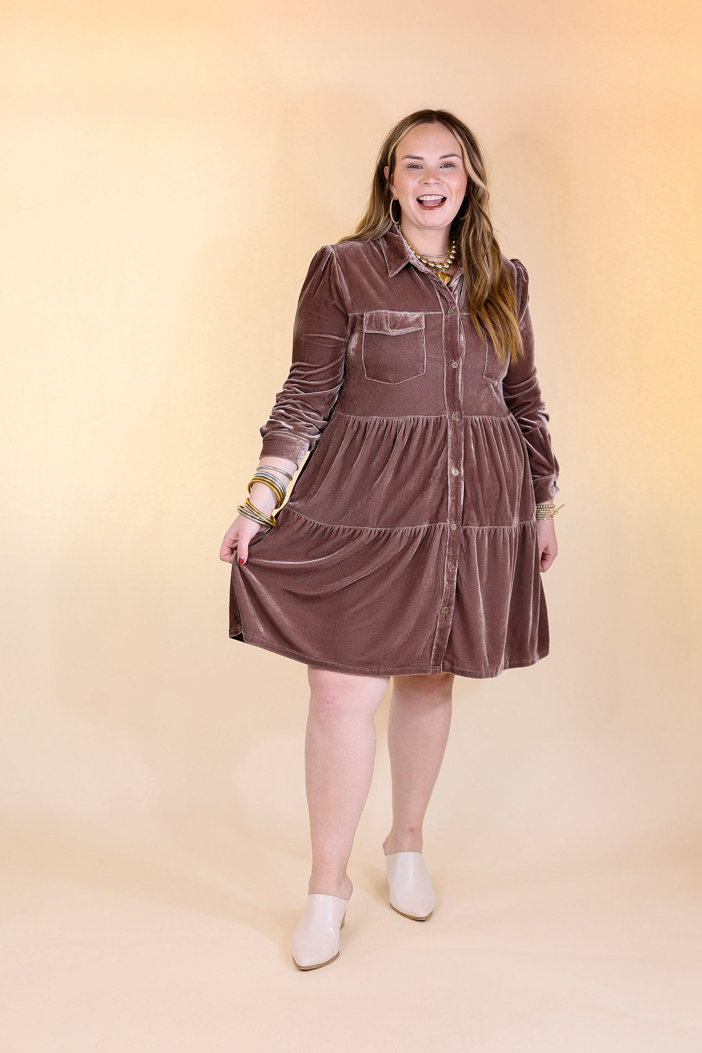 Grateful Gathering Velvet Button Up Dress with Long Sleeves in Almond Brown