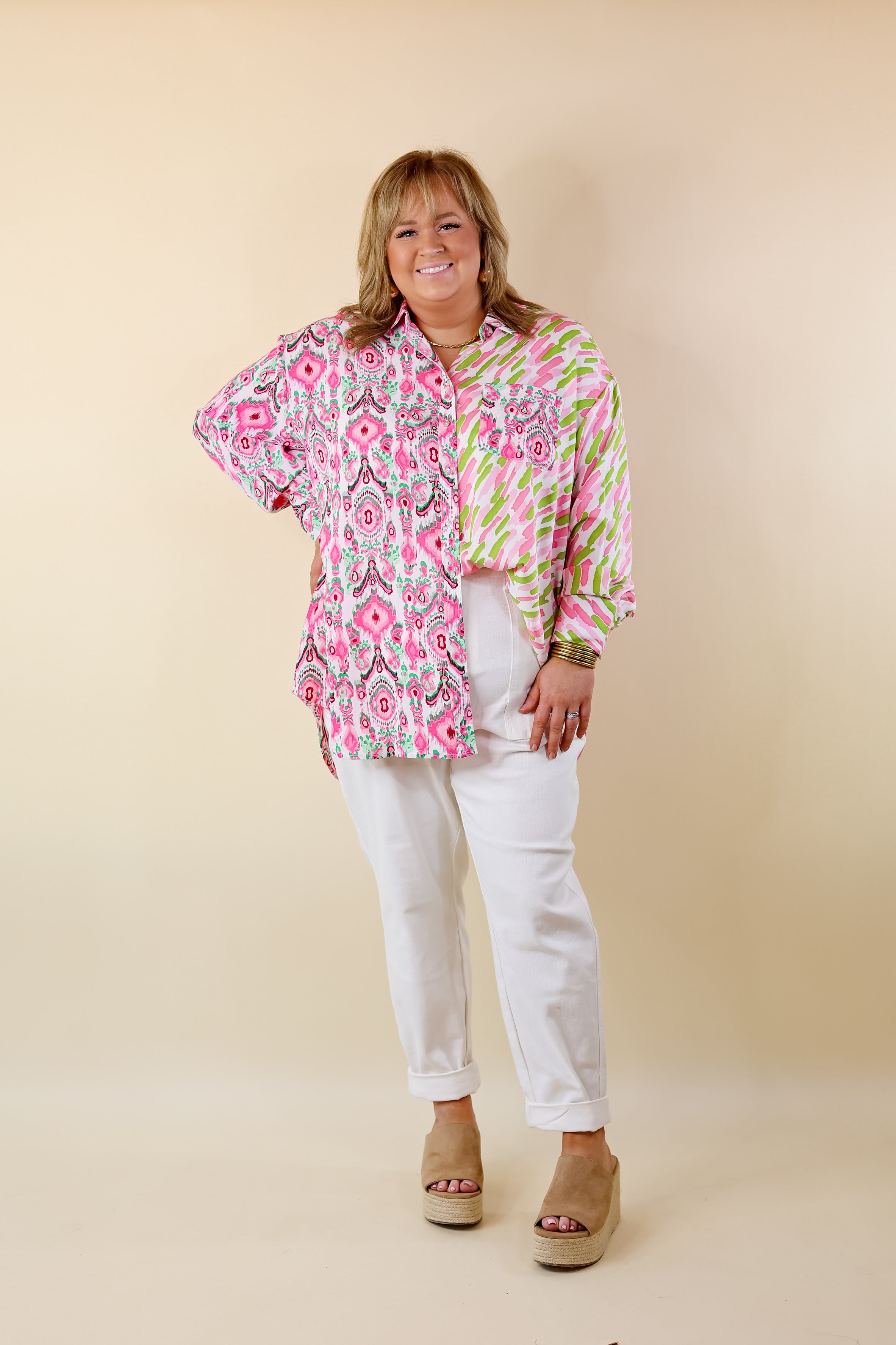 Sensational Flair Button Up Mix Print Top in Green and Pink - Giddy Up Glamour Boutique