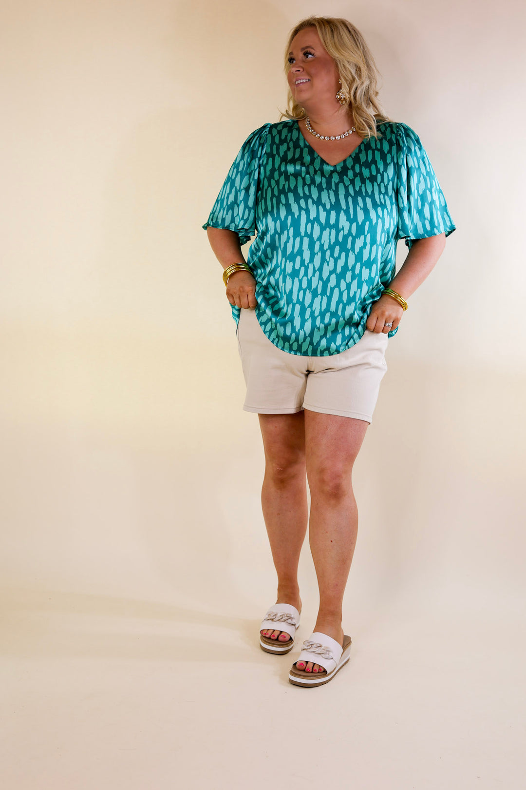 Giving You More Satin Dotted Print V Neck Blouse in Teal Mix