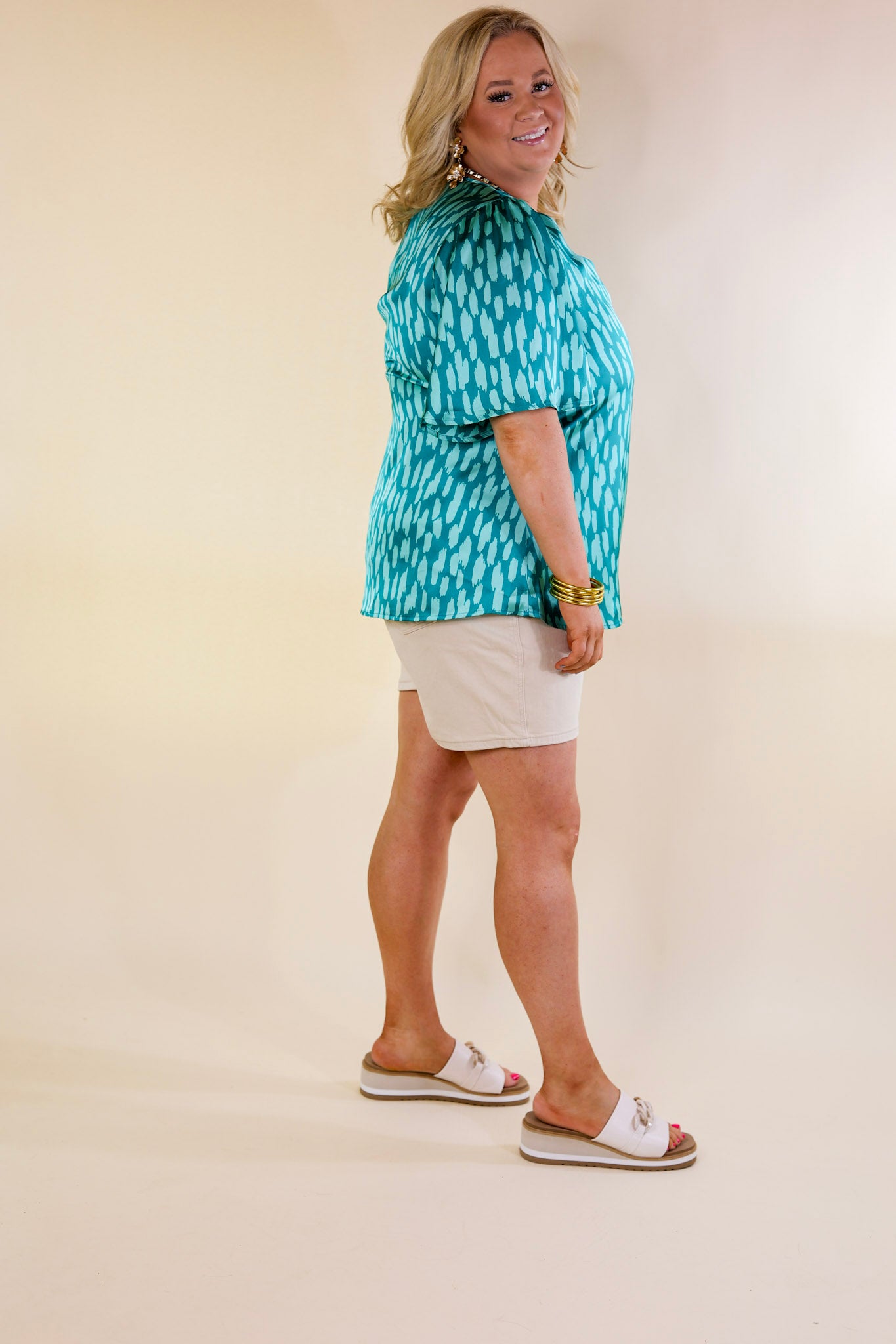 Giving You More Satin Dotted Print V Neck Blouse in Teal Mix