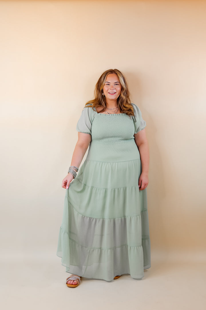 Honeysuckle Love Tiered Maxi Dress with Smocked Bodice in Sage Green - Giddy Up Glamour Boutique