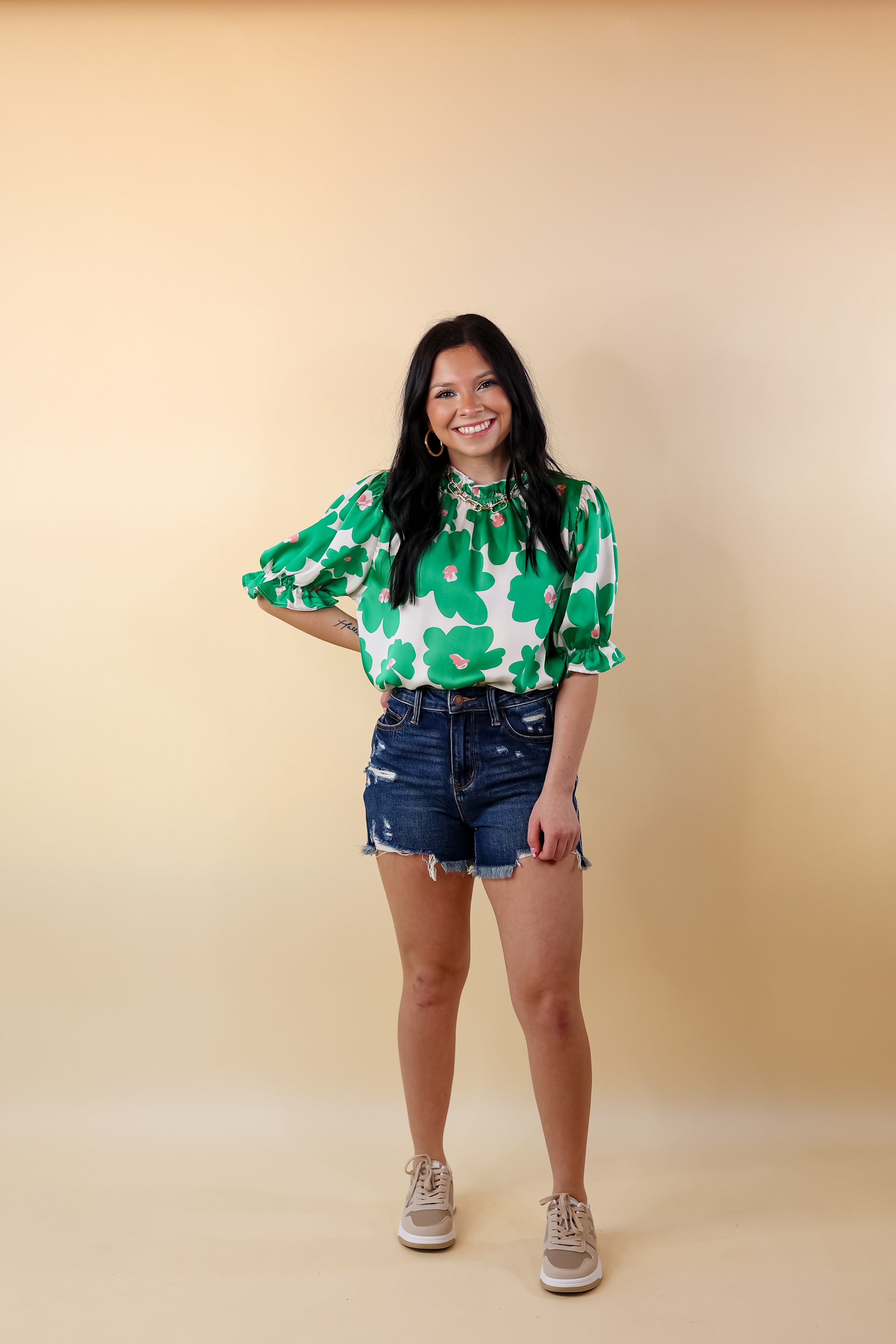 Divine Design Floral Blouse With Puffed Sleeve and Ruffle Neckline in Green - Giddy Up Glamour Boutique