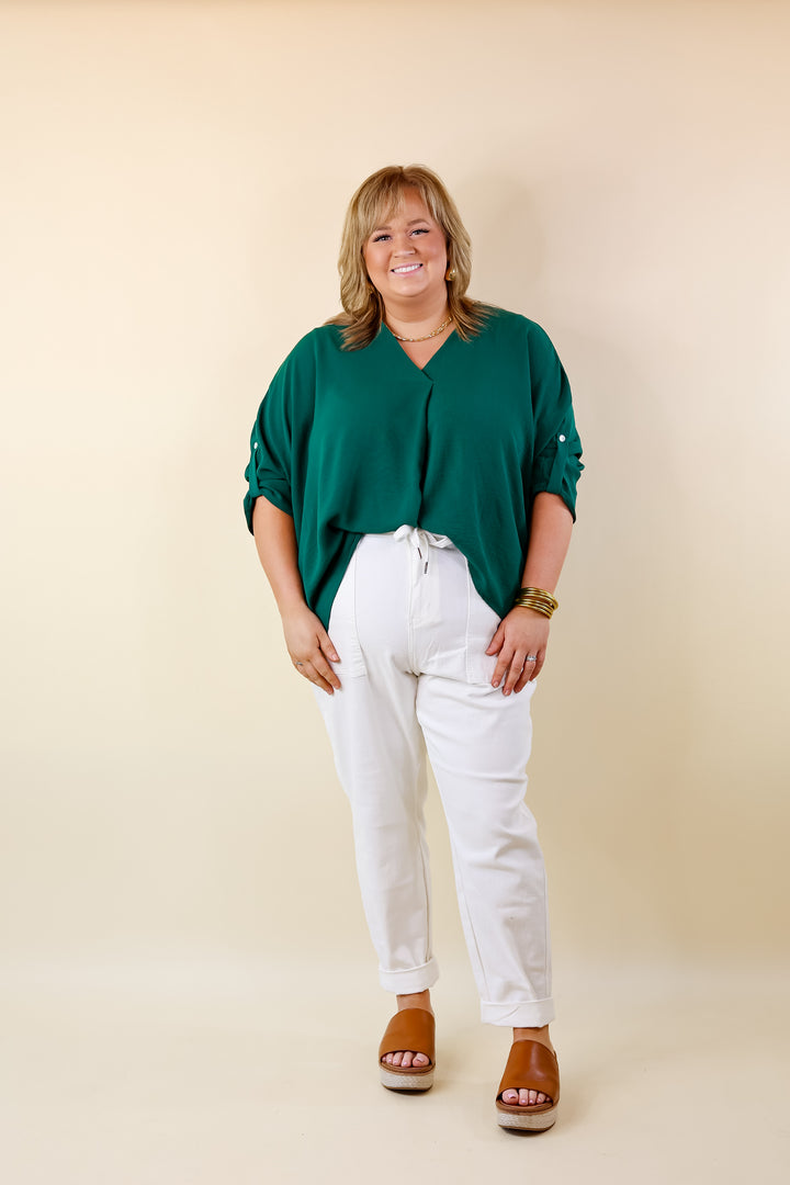 Weekend Out V Neck Placket 3/4 Sleeve Top in Emerald Green - Giddy Up Glamour Boutique