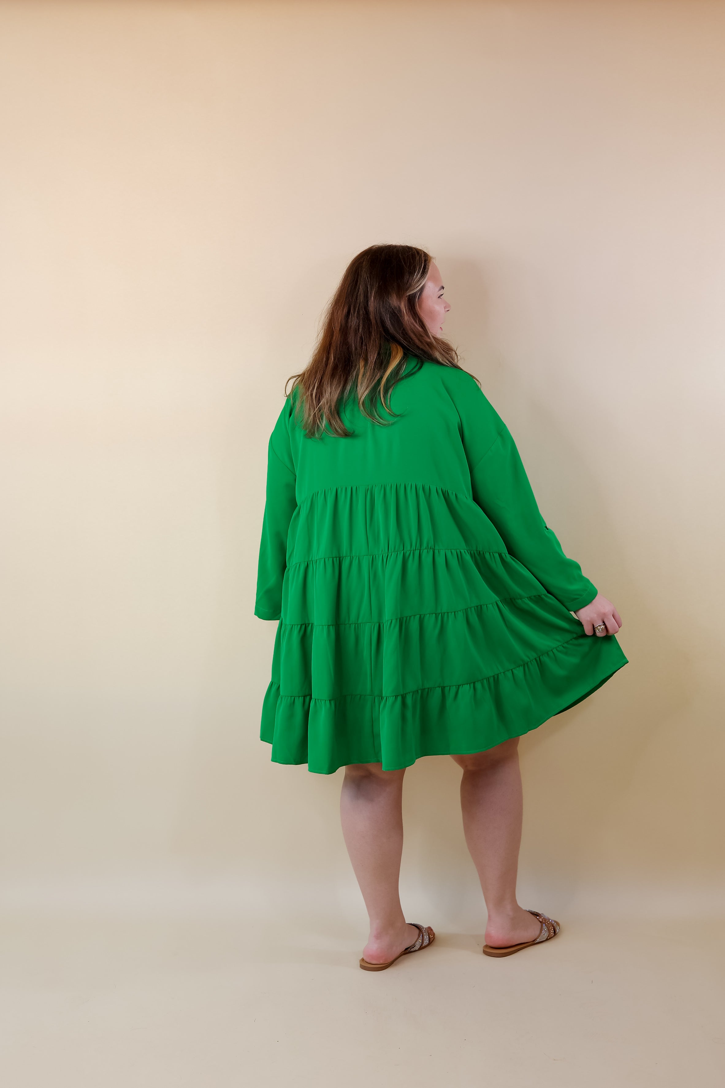 Risky Business Button Up Babydoll Dress in Green - Giddy Up Glamour Boutique