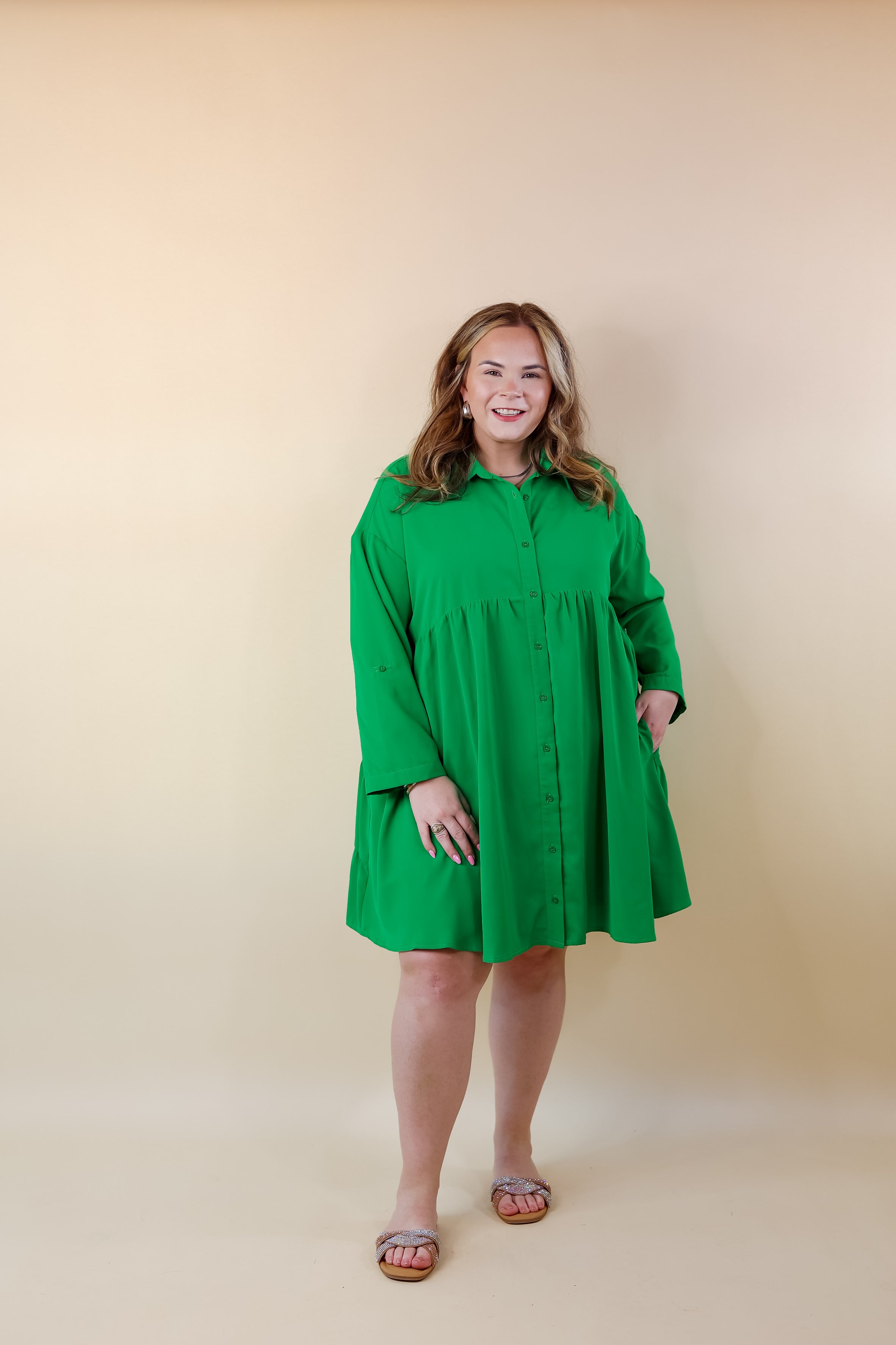 Risky Business Button Up Babydoll Dress in Green - Giddy Up Glamour Boutique