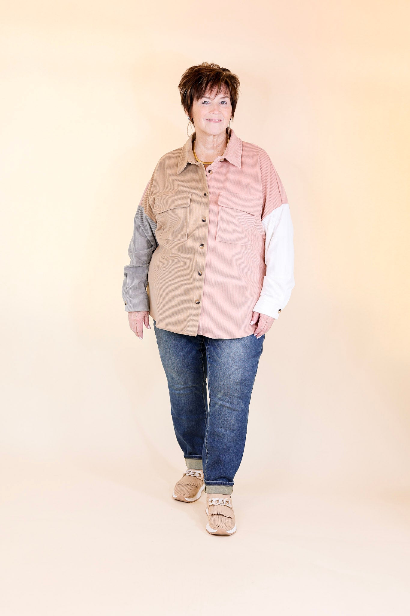 Cozy Perk Button Up Color Block Corduroy Shacket in Blush Pink and Tan