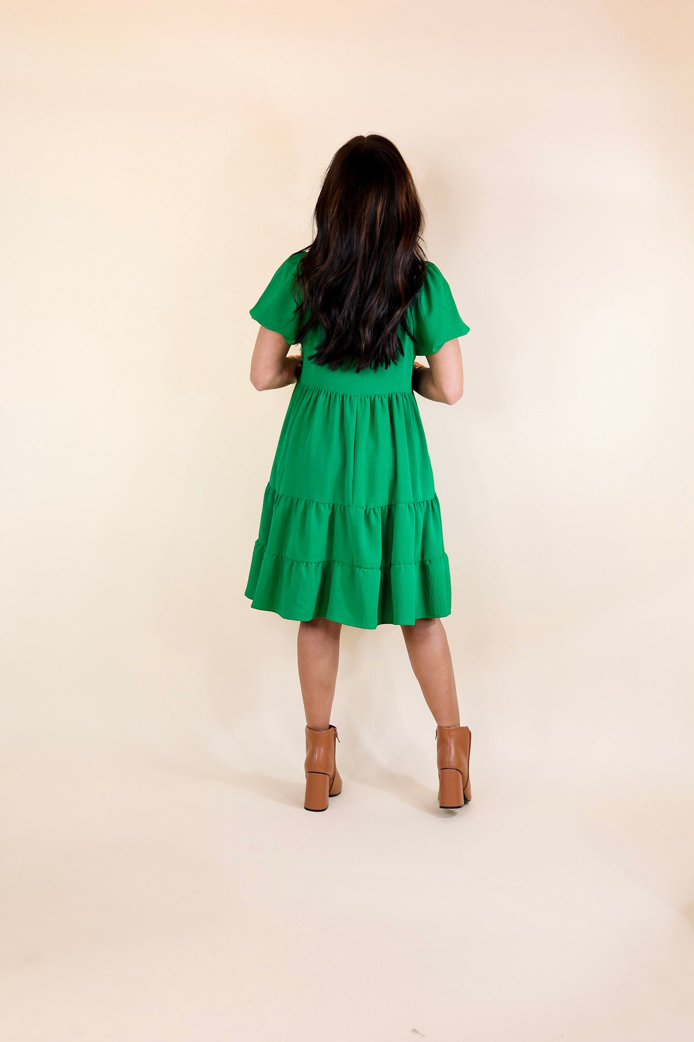 Graceful Journey Short Balloon Sleeve Dress in Green