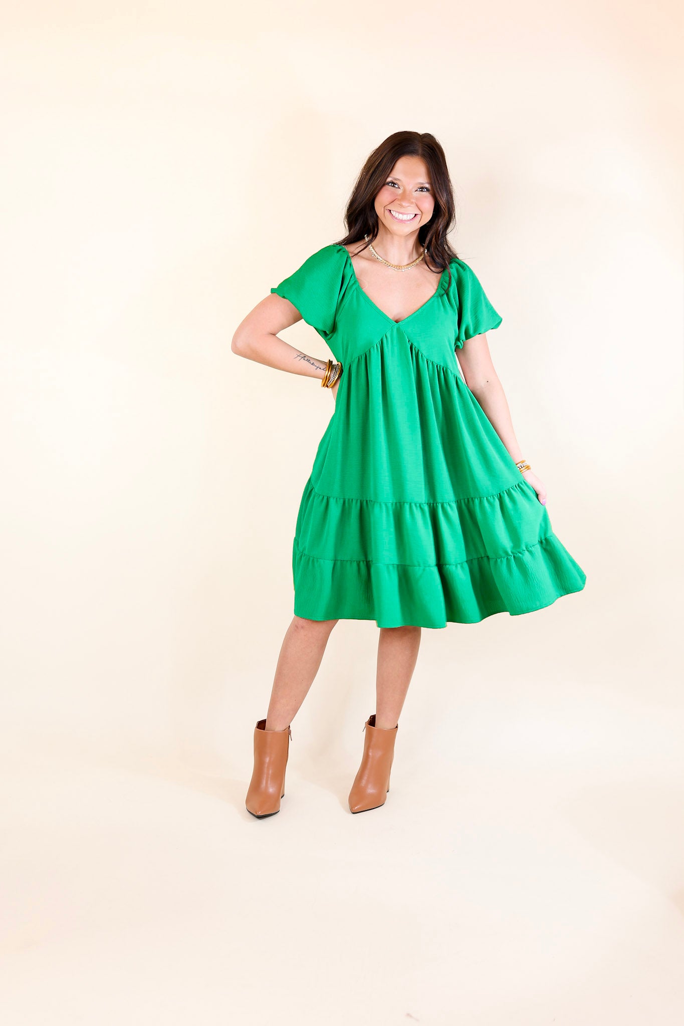 Graceful Journey Short Balloon Sleeve Dress in Green