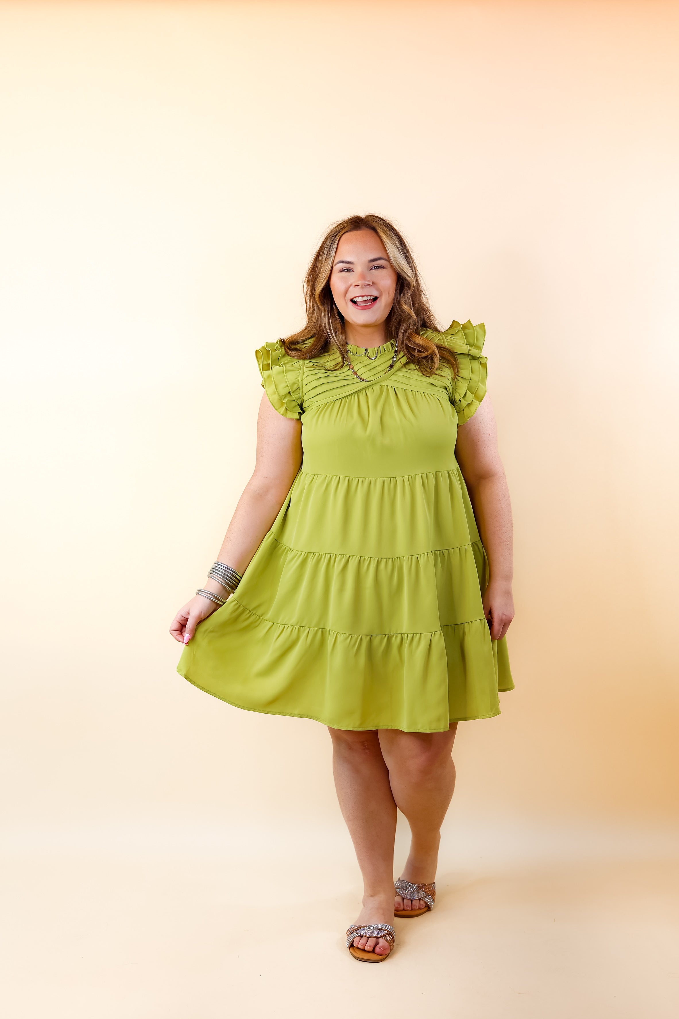 Chic On Scene Ruffle Tiered Dress with Pleated Detailing in Pistachio Green - Giddy Up Glamour Boutique