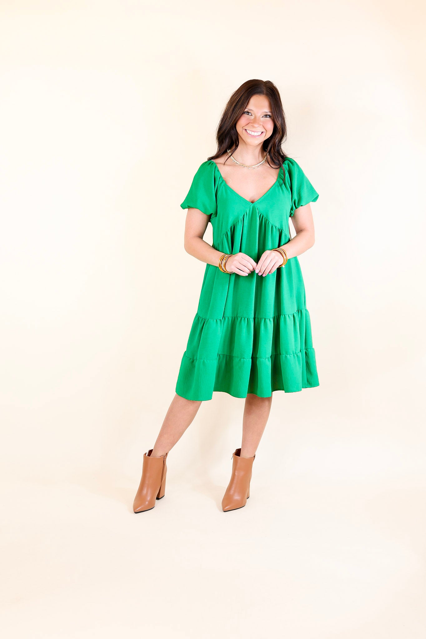 Graceful Journey Short Balloon Sleeve Dress in Green