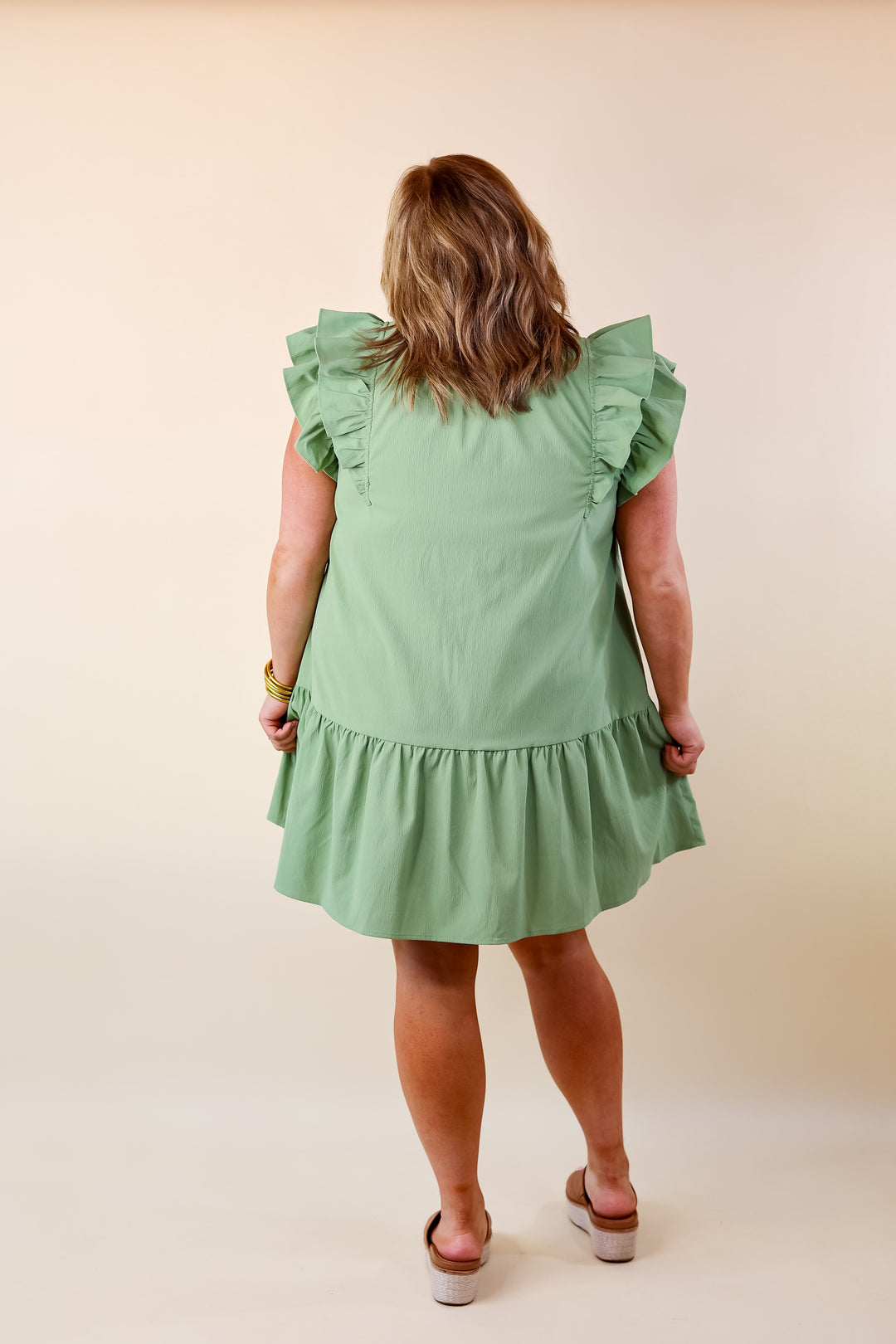 Powerful Love Ruffle Cap Sleeve Dress with Keyhole and Tie Neckline in Sage Green - Giddy Up Glamour Boutique