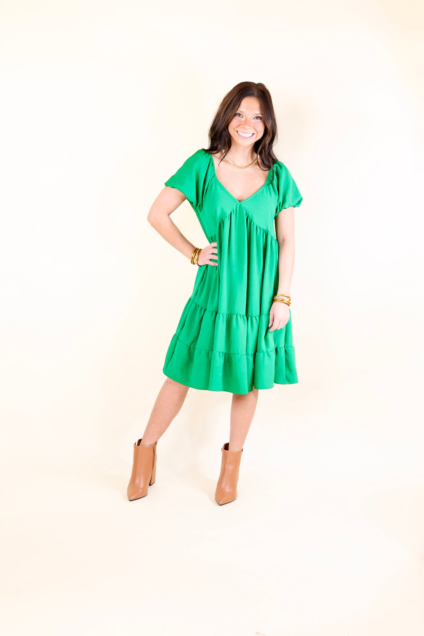 Graceful Journey Short Balloon Sleeve Dress in Green