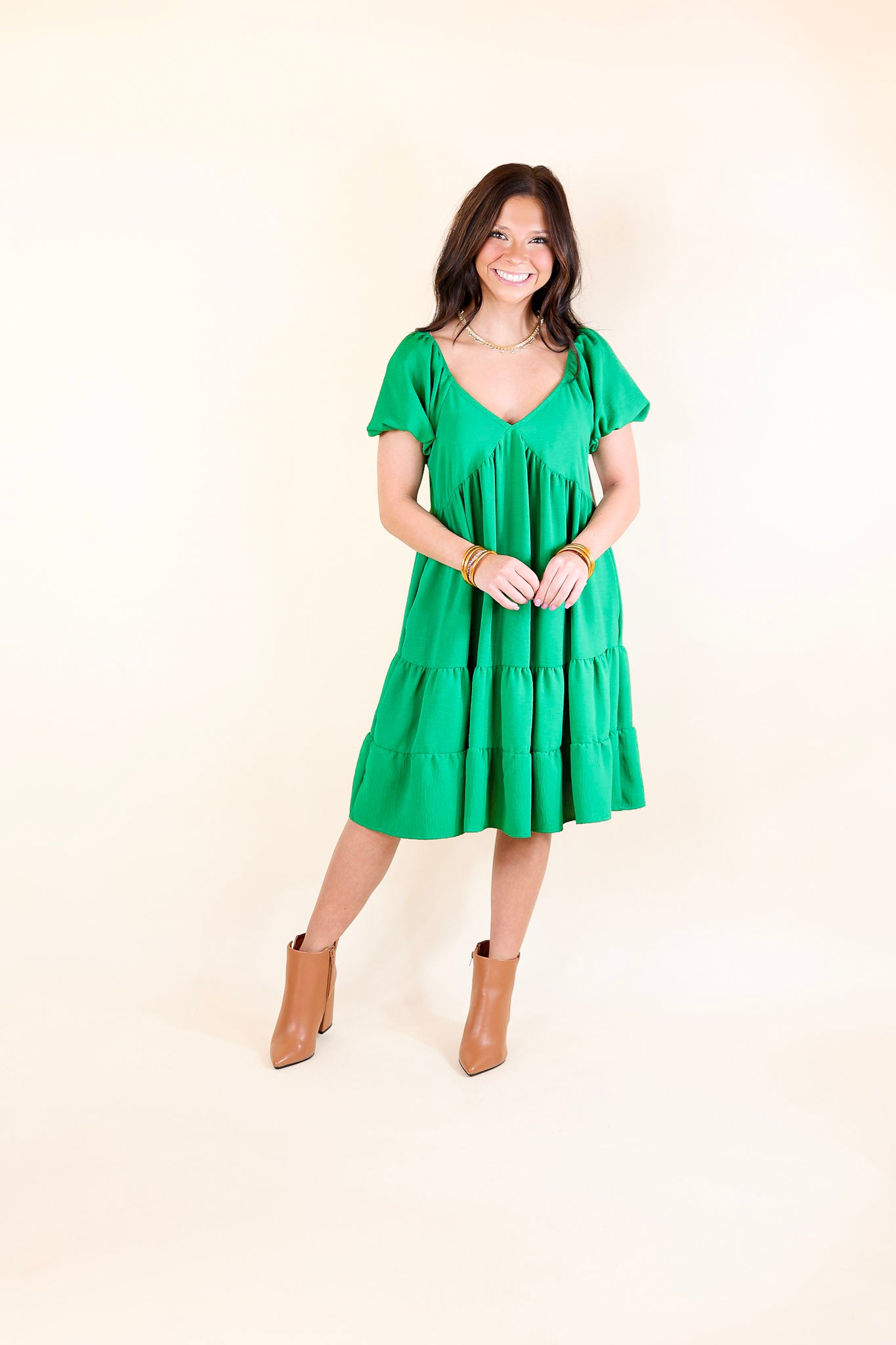 Graceful Journey Short Balloon Sleeve Dress in Green