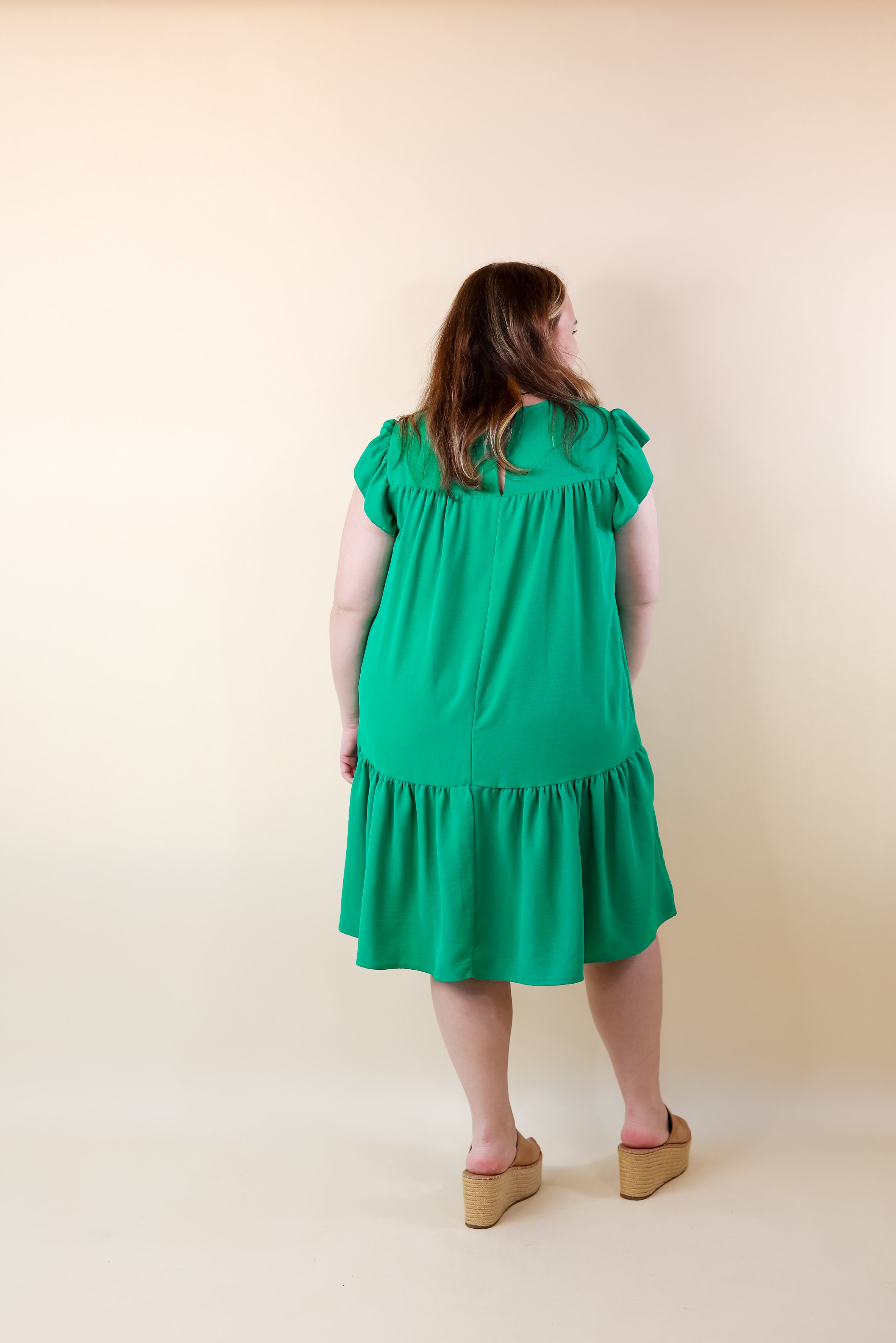 Greek Isles Solid Dress with Ruffle Cap Sleeves in Green - Giddy Up Glamour Boutique