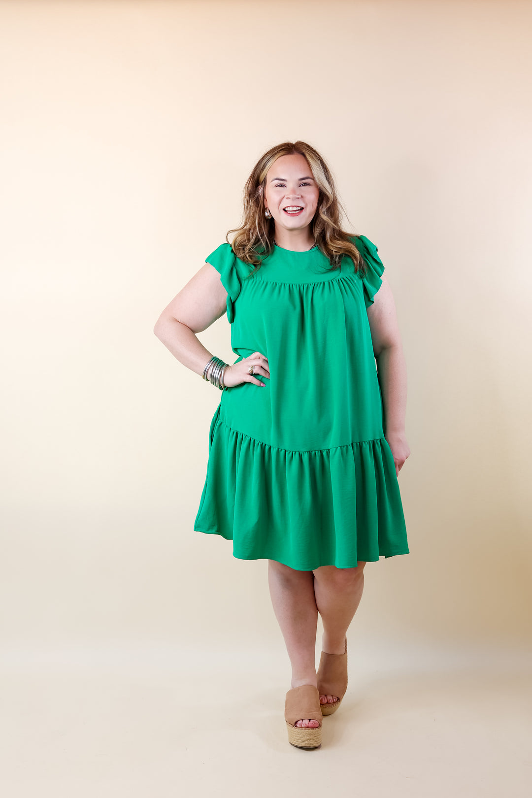 Greek Isles Solid Dress with Ruffle Cap Sleeves in Green - Giddy Up Glamour Boutique