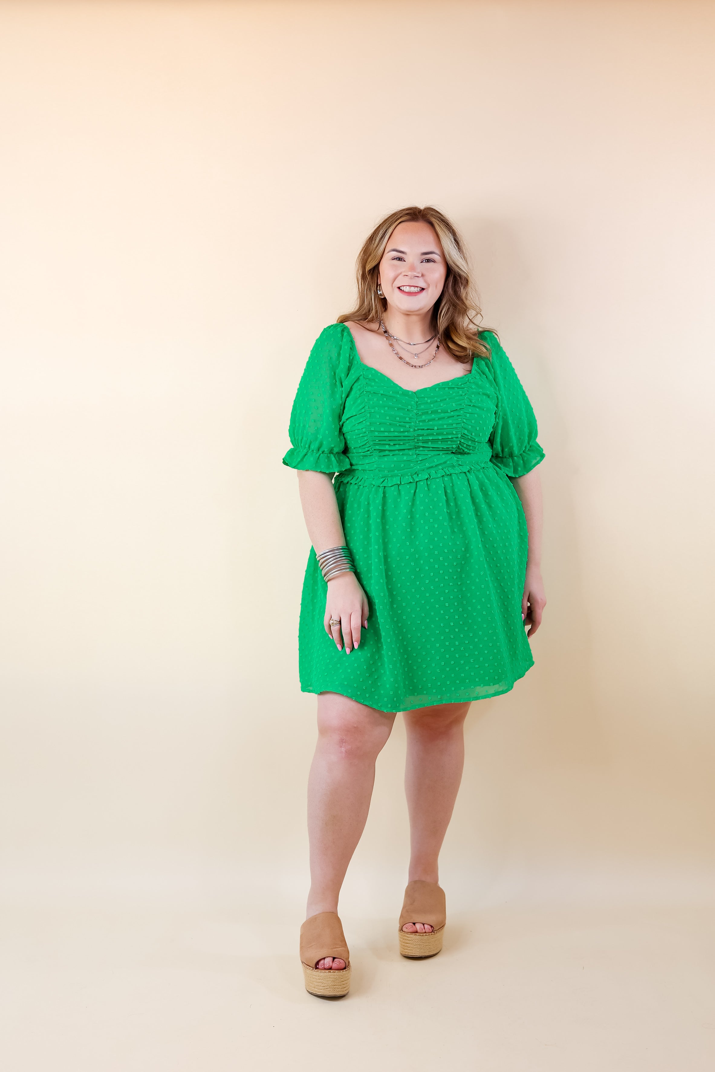Favorite Adventure Swiss Dot Dress with Short Balloon Sleeves in Green - Giddy Up Glamour Boutique