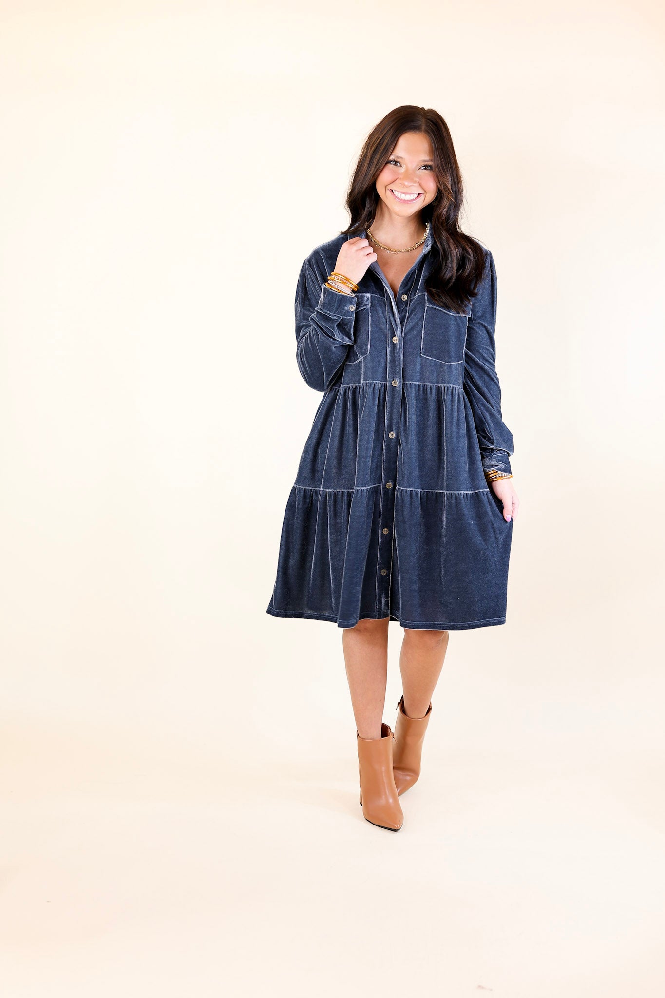 Grateful Gathering Velvet Button Up Dress with Long Sleeves in Steel Blue