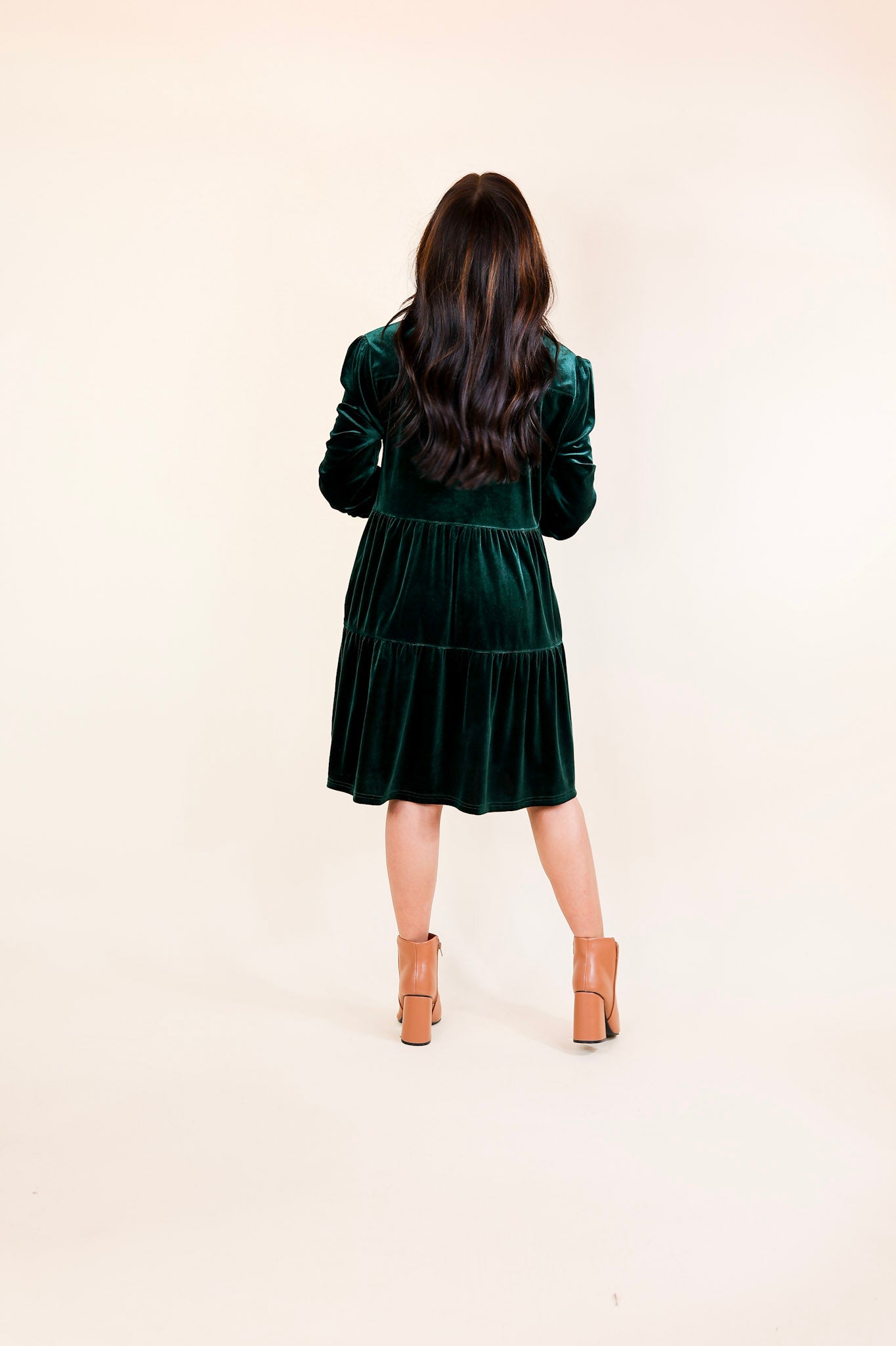 Grateful Gathering Velvet Button Up Dress with Long Sleeves in Emerald Green