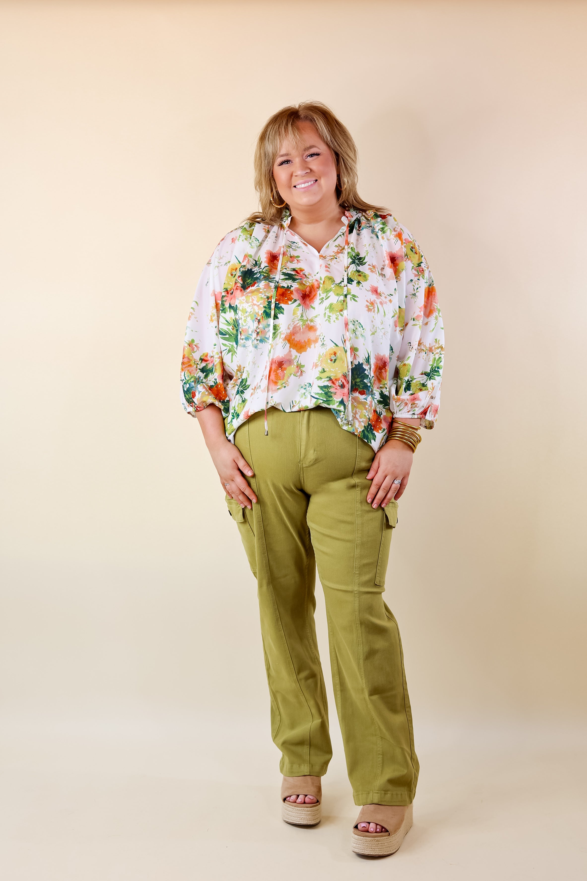 Hampton Hideout Floral Blouse with Keyhole and Tie Neckline in Off White - Giddy Up Glamour Boutique