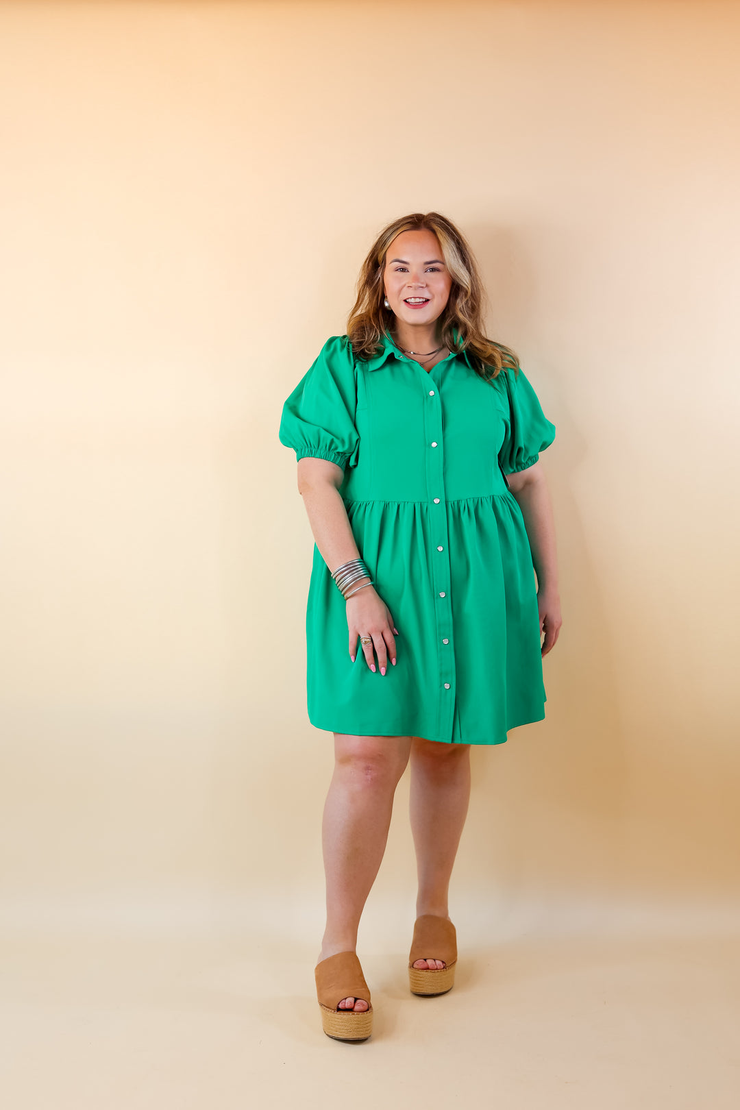 Adventures Ahead Button Up Babydoll Dress in Green - Giddy Up Glamour Boutique