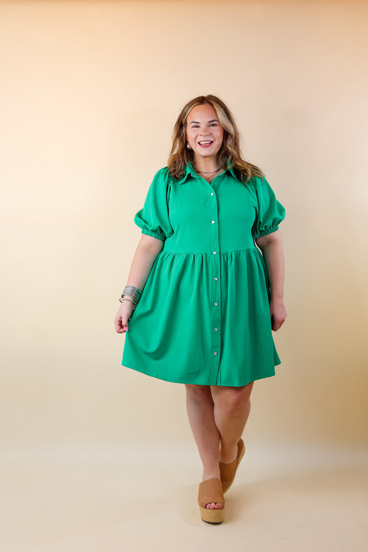 Adventures Ahead Button Up Babydoll Dress in Green - Giddy Up Glamour Boutique
