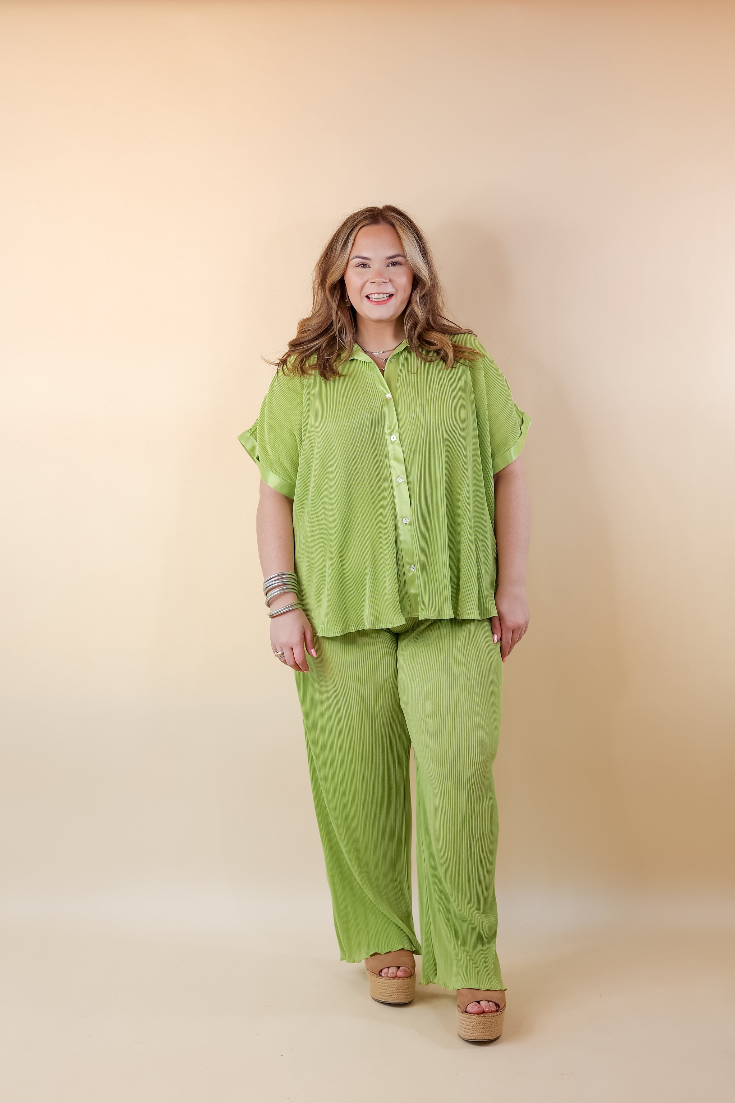 Walking In Paradise Plissé Button Up Top in Green - Giddy Up Glamour Boutique