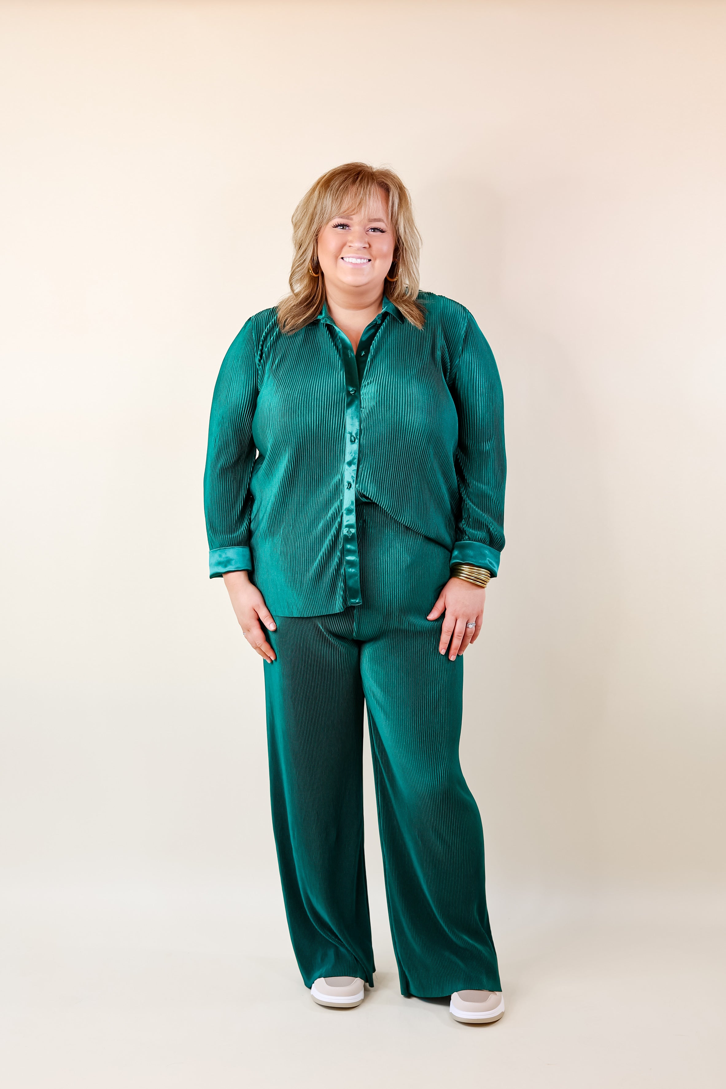 Dazzling Satin Plissé Ribbed Pants in Green - Giddy Up Glamour Boutique