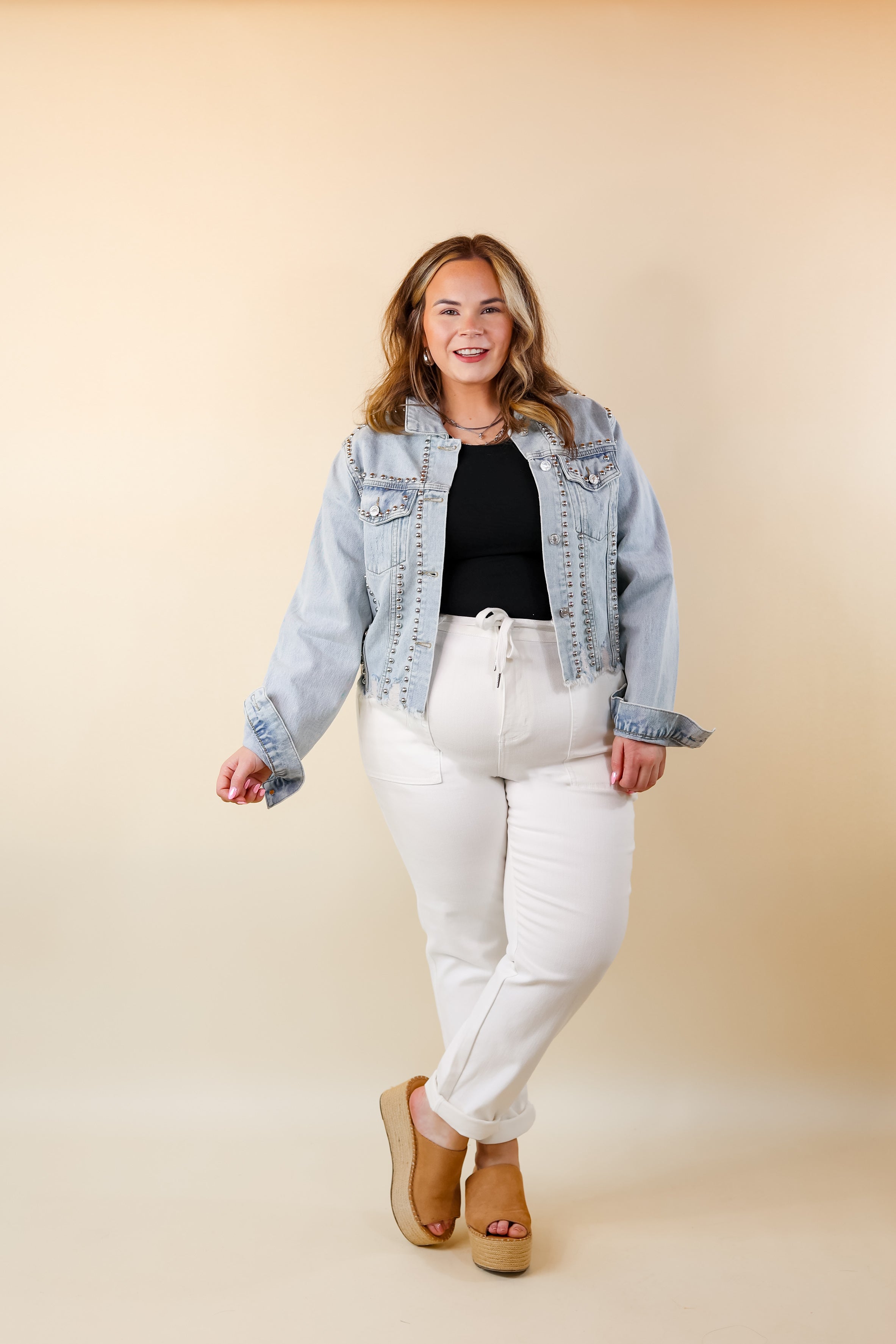 Instantly Impressed Cropped Denim Jacket with Silver Studs in Light Wash - Giddy Up Glamour Boutique