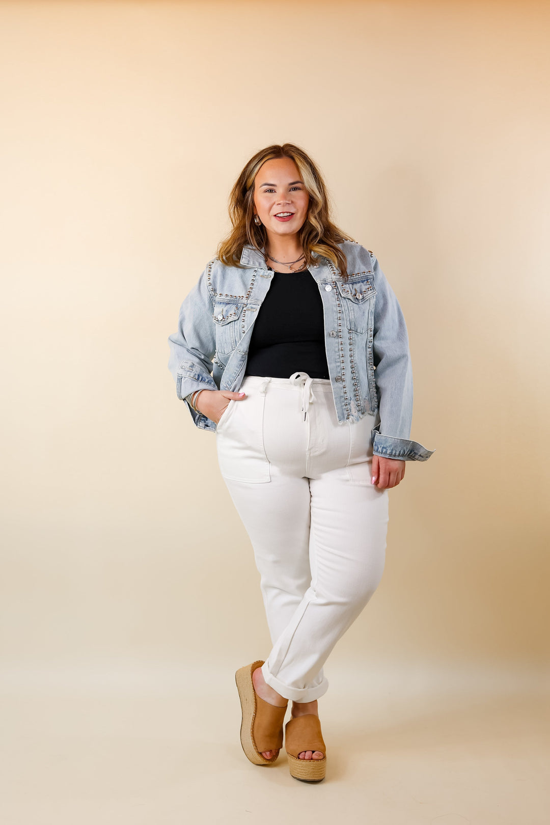 Instantly Impressed Cropped Denim Jacket with Silver Studs in Light Wash - Giddy Up Glamour Boutique