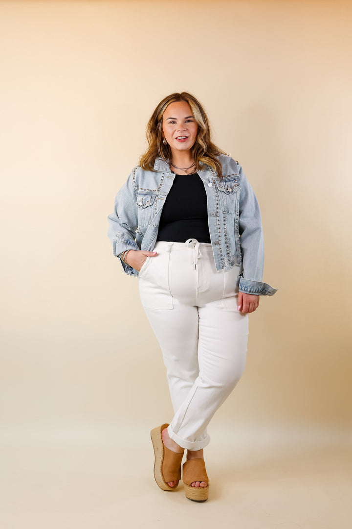 Instantly Impressed Cropped Denim Jacket with Silver Studs in Light Wash - Giddy Up Glamour Boutique