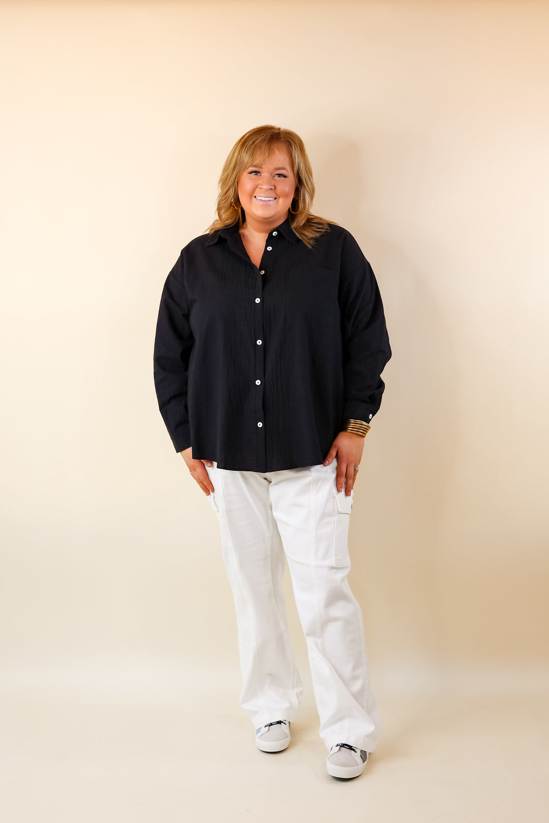 Don't Let Me Down Button Up Long Sleeve Top in Black - Giddy Up Glamour Boutique