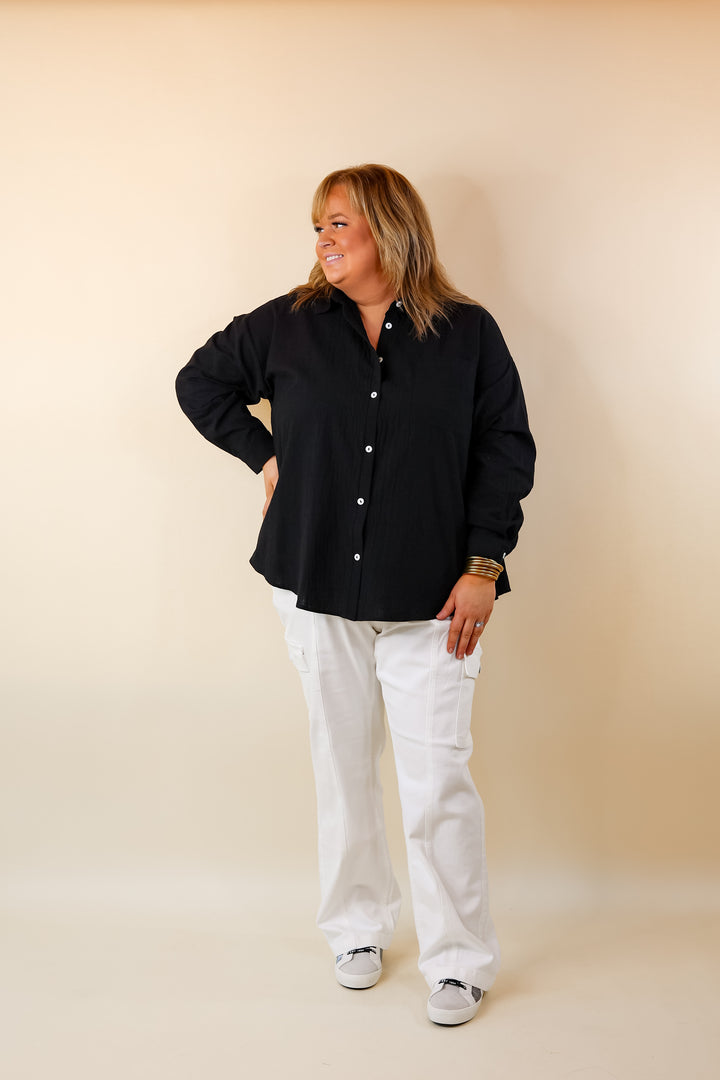 Don't Let Me Down Button Up Long Sleeve Top in Black - Giddy Up Glamour Boutique