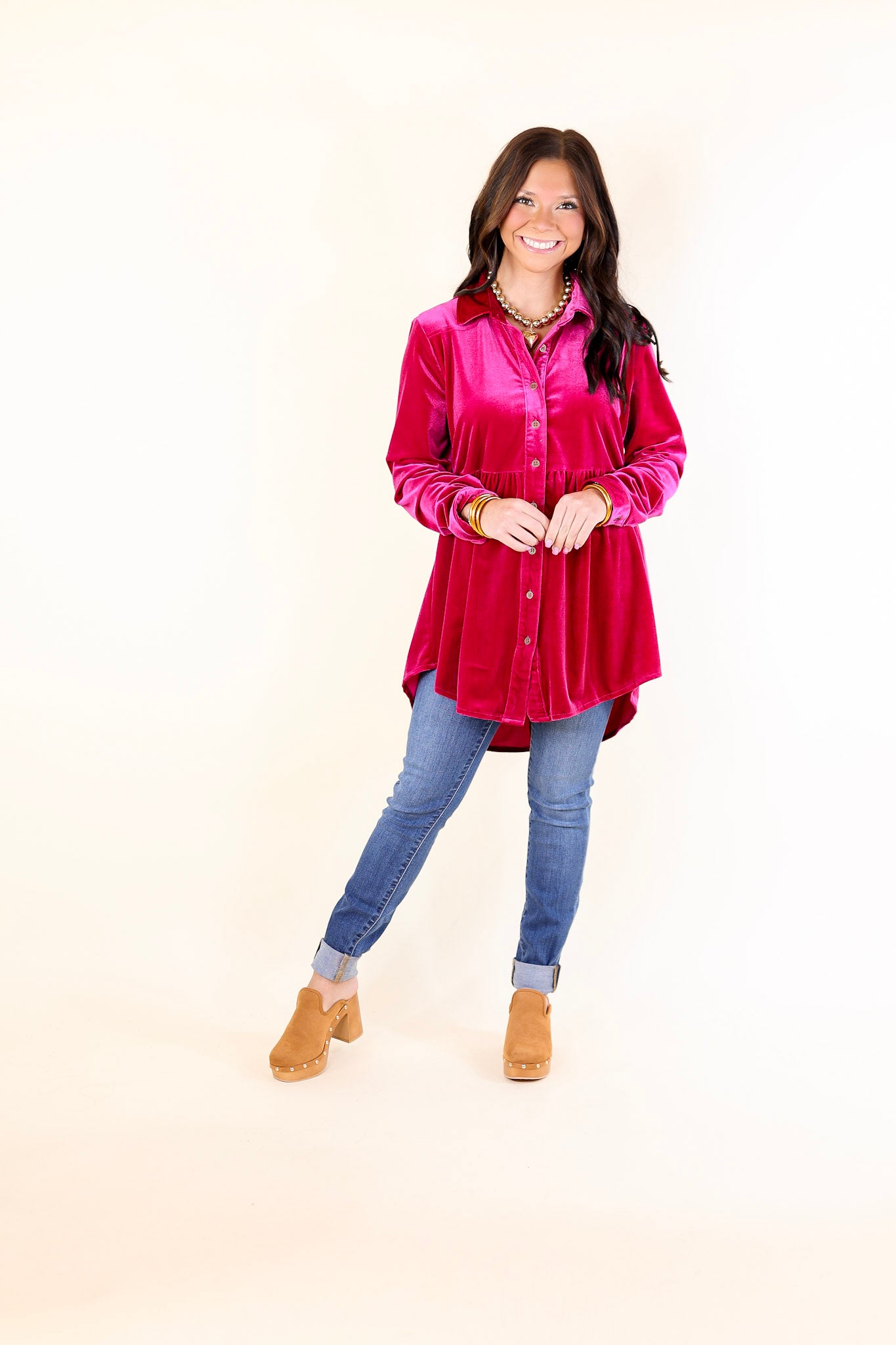 Call Me Yours Button Up Velvet Long Sleeve Babydoll Tunic Top in Raspberry Pink