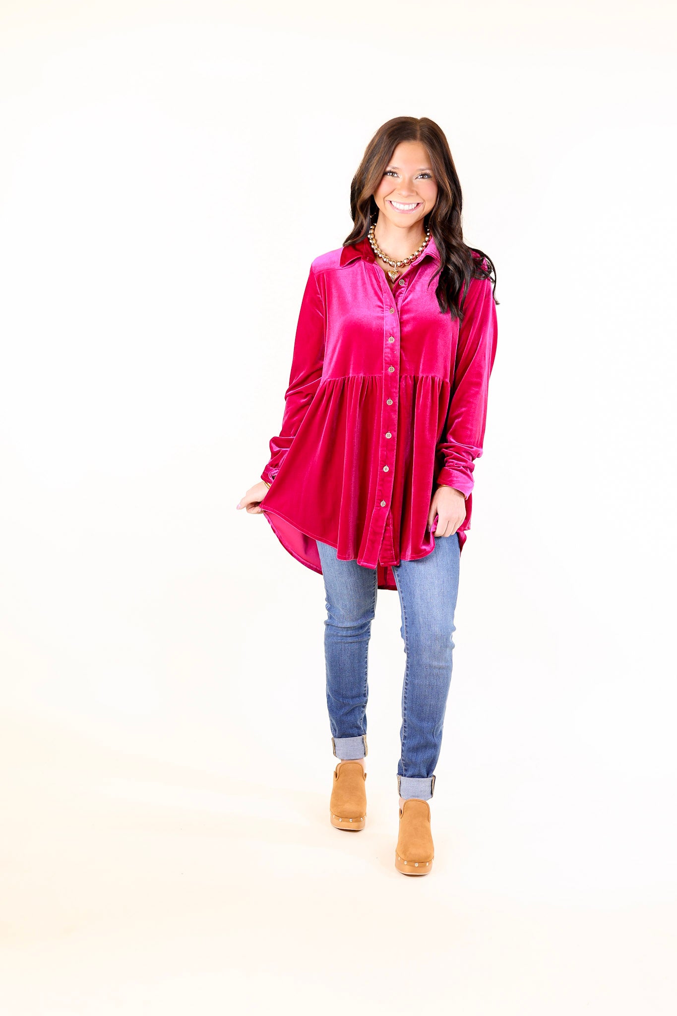 Call Me Yours Button Up Velvet Long Sleeve Babydoll Tunic Top in Raspberry Pink