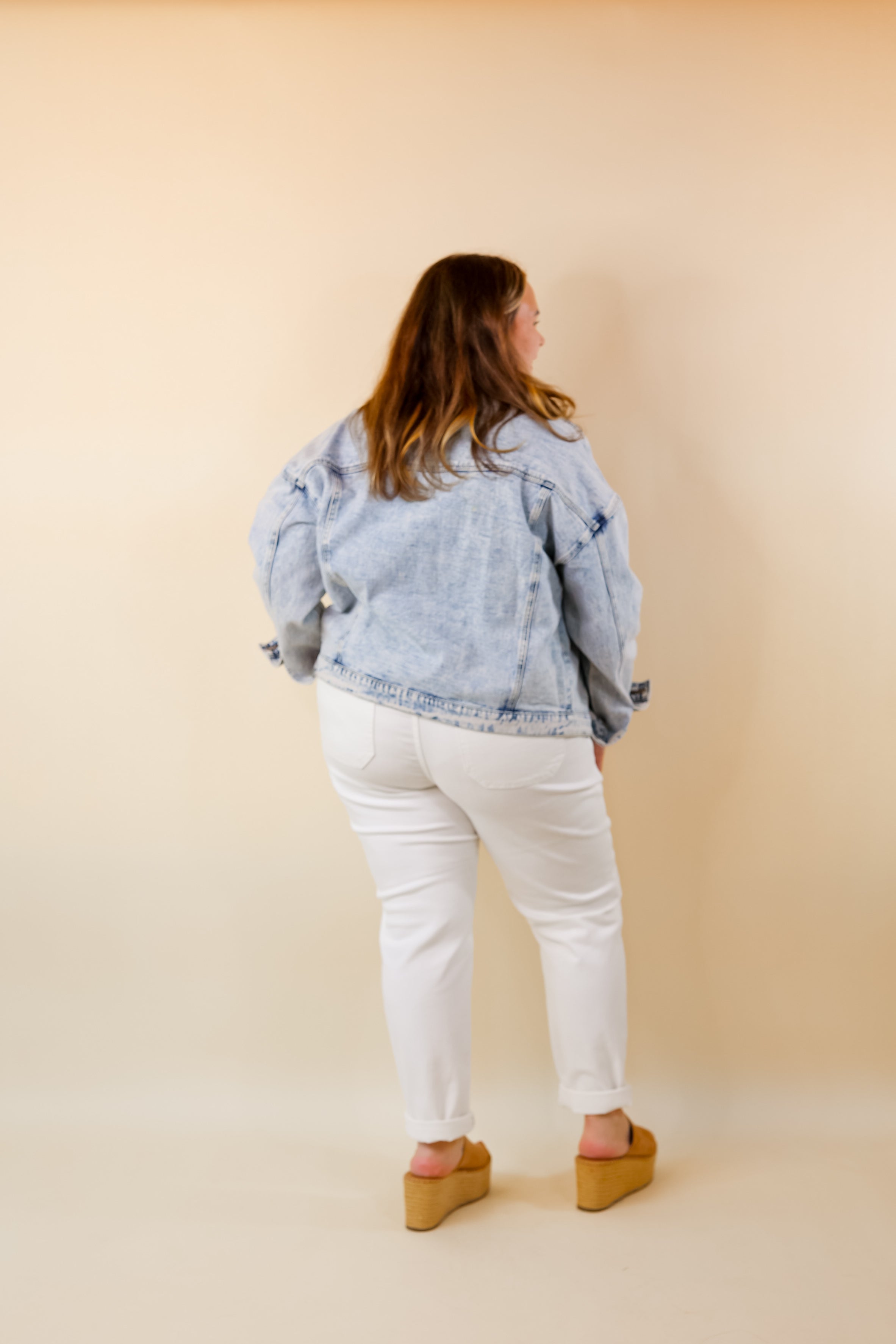 Take A Minute Crystal Front Pocket Denim Jacket in Light Wash - Giddy Up Glamour Boutique